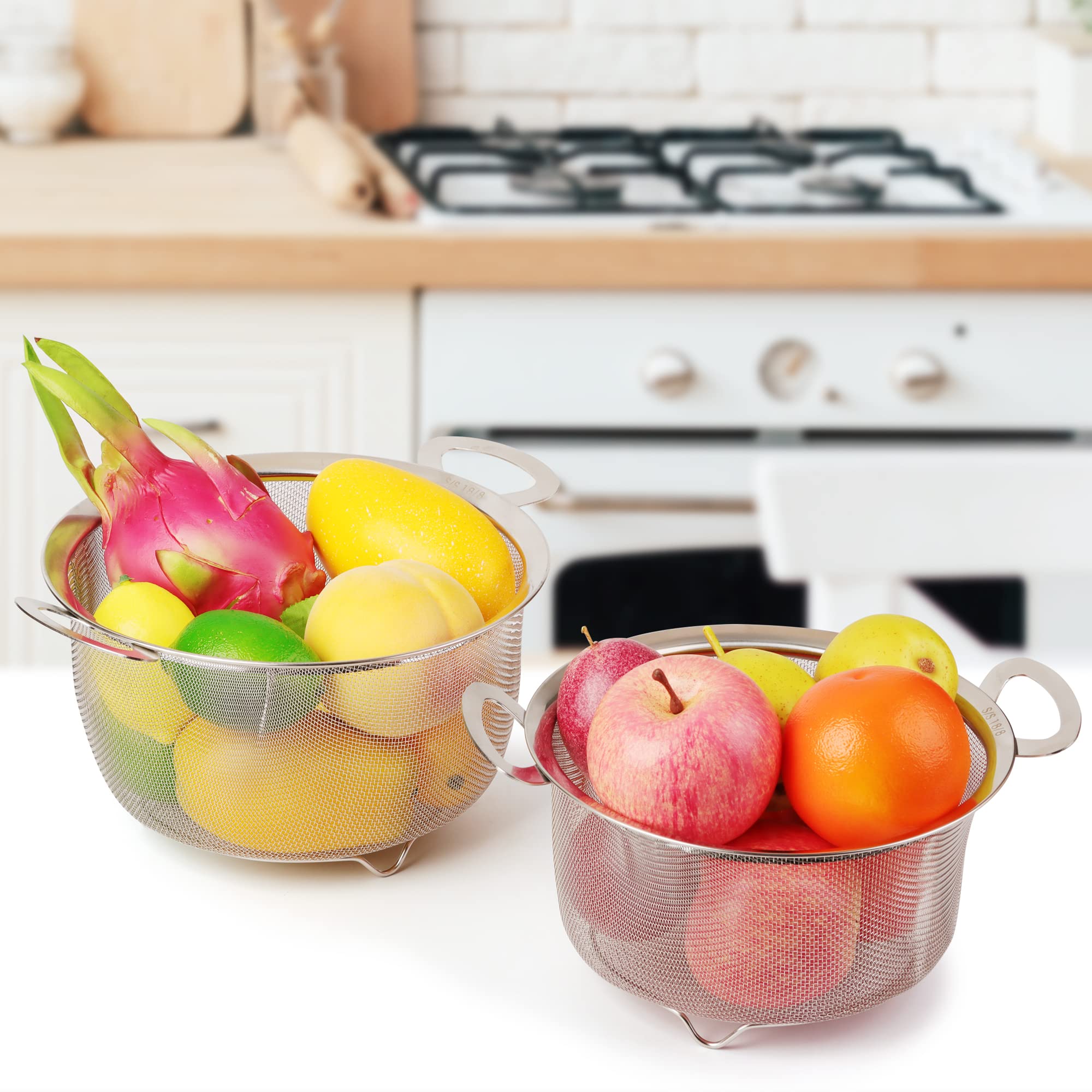 2 Pack Stainless Steel Kitchen Colanders - 18/8 Fine Mesh Strainer with Handles for Pasta, Rice, Fruits & Vegetables | Durable Sieve with Resting Feet for Straining, Rinsing, Steaming & Cooking | Perfect for Meal Prep, Salad Making & Healthy Cooking
