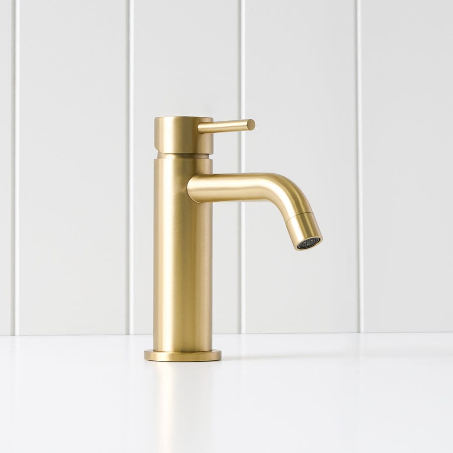 Sydney Short Basin Mixer in Brushed Brass - Modern Bathroom Faucet for Vanity Sinks, Powder Rooms & Guest Baths
