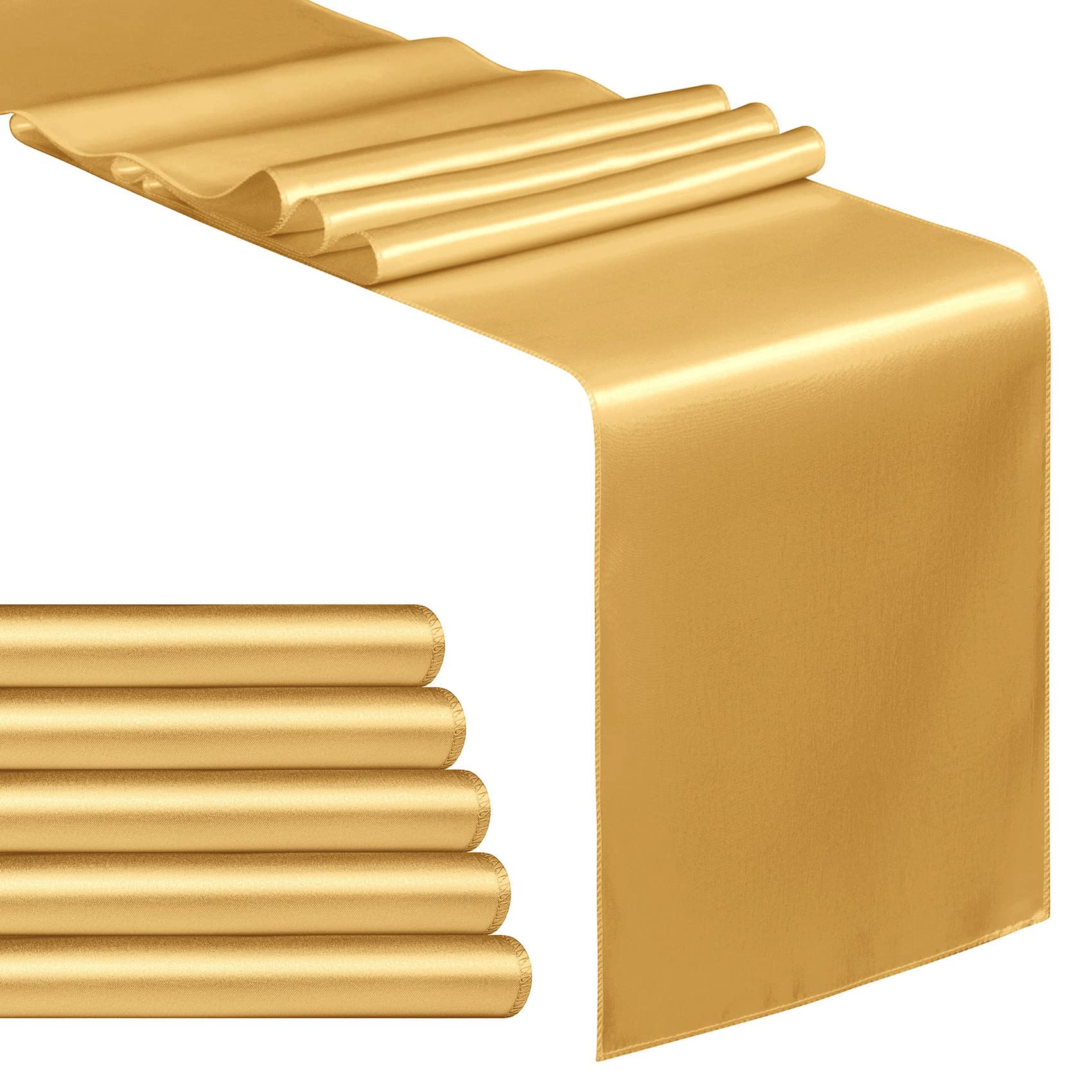 5-Pack Gold Satin Table Runners 12 x 108 Inch - Elegant Wedding Decor, Birthday Party Table Decorations, Premium Banquet & Graduation Tablecloth - Perfect for Weddings, Parties, Banquets, Engagements & Special Events