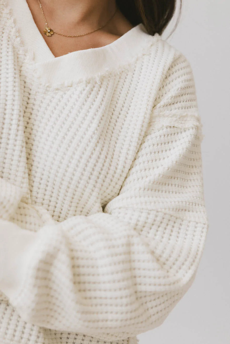 Ellis Waffle Knit Top Women's Cream Long Sleeve Shirt - Casual Loungewear, Fall Layering & Coffee Dates Outfit