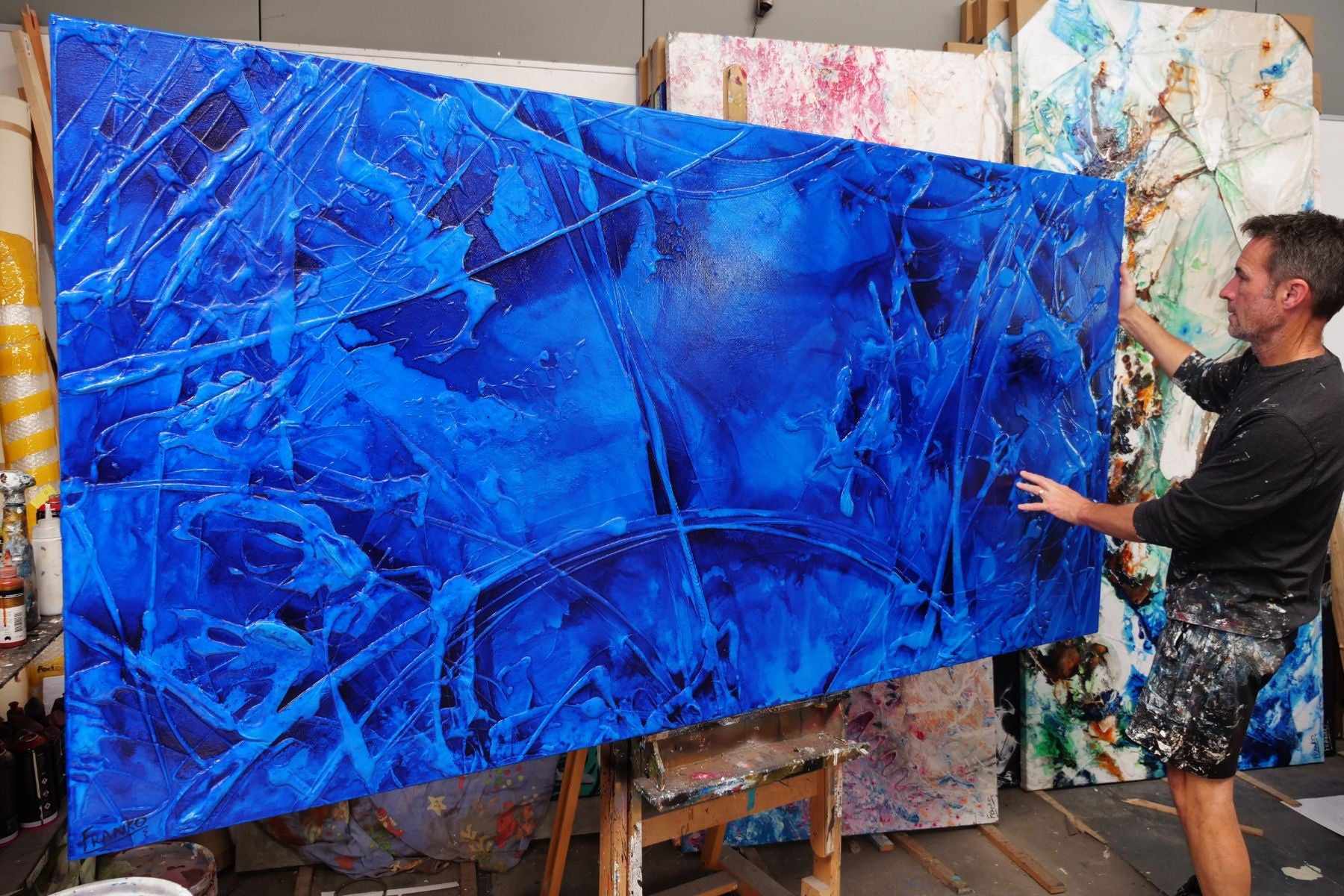 240cm x 120cm Blue Ink Textured Abstract Painting - Sapphire Sugar - Modern Wall Art for Living Room, Bedroom & Office Decor