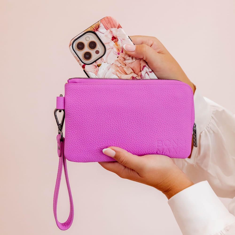 Premium Genuine Leather Phone Wallet Pouch with RFID Protection - Fuchsia Pink for Women | Slim Card Holder & Phone Case Combo | Perfect for Everyday Use, Travel, and Gift Giving