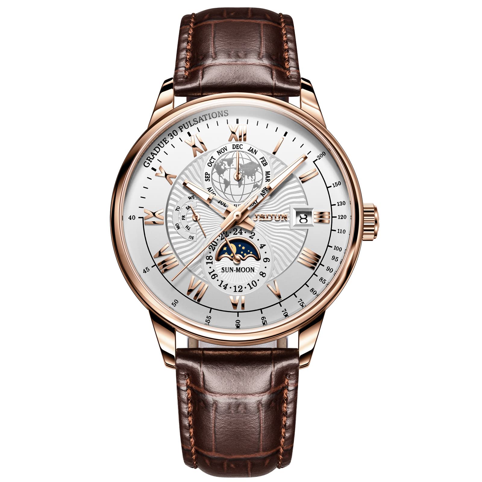 Premium Men's Automatic Mechanical Watch with Genuine Leather Strap - Self-Winding Moon Phase Chronograph, 50M Waterproof with Date & Luminous Hands - Perfect for Business, Formal Events & Everyday Wear