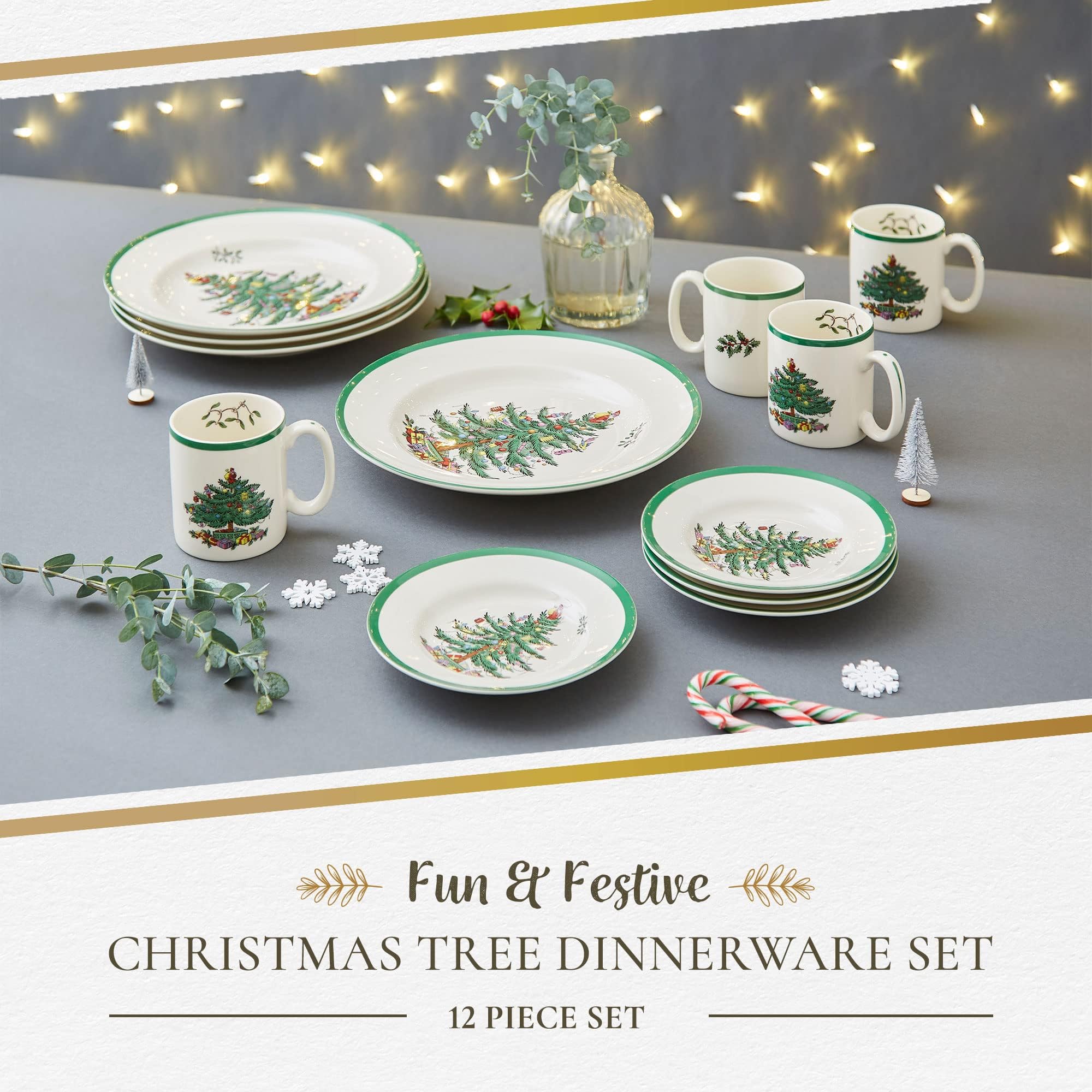 Spode Christmas Tree 12-Piece Dinnerware Set for 4 - Holiday Dinner Plates, Mugs & Bowls - Festive Earthenware Tableware - Microwave & Dishwasher Safe - Perfect for Christmas Dinner, Family Gatherings & Holiday Parties