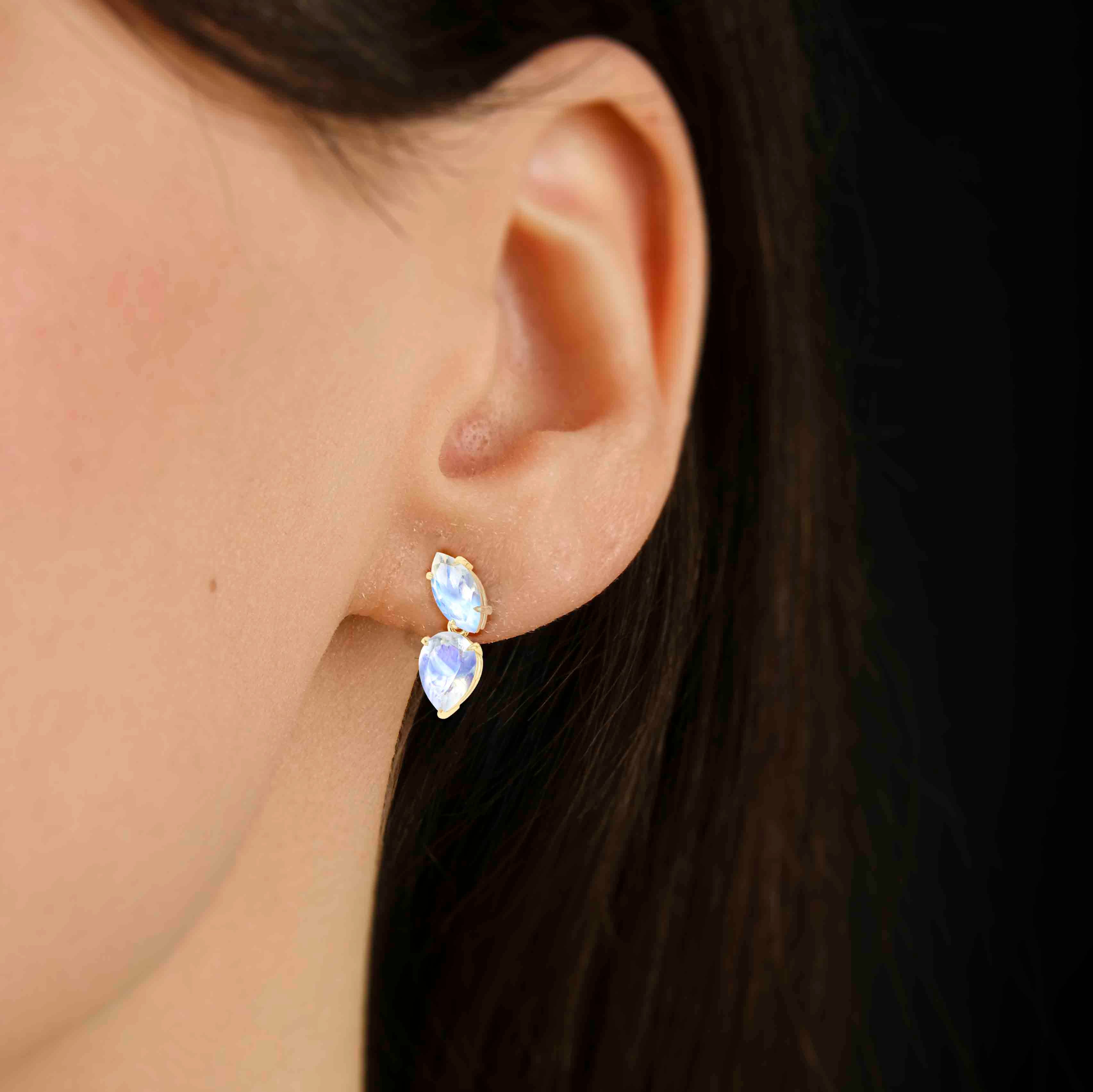 Natural Moonstone Marquise & Pear Two Stone Stud Earrings – Elegant Dainty Jewelry for Women, Perfect for Weddings, Parties & Everyday Wear