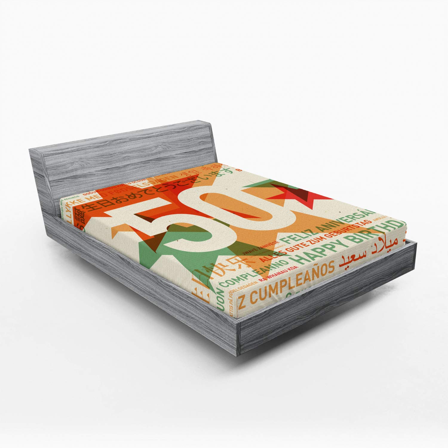 Ambesonne 50th Birthday Fitted Sheet - Multilingual Happy Birthday Retro Design with Stars Print, Deep Pocket Elastic Queen Size Bed Cover in Green Red Orange - Perfect for Birthday Parties, Room Decor & Photo Backdrops