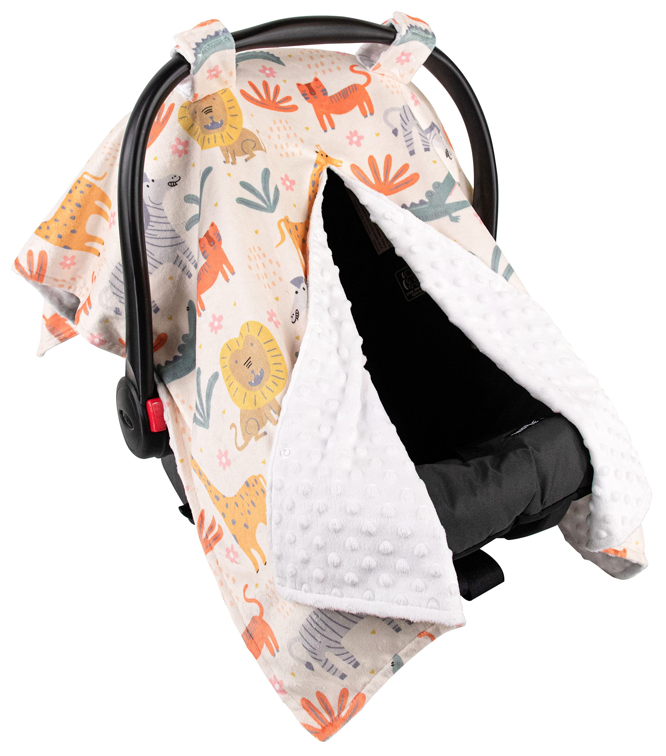 Top Tots Deluxe Minky Baby Car Seat Cover - Wild Safari Print, 40 x 29 Inch White | Soft & Breathable Infant Car Seat Protector for Boys & Girls | Perfect for Travel, Shopping & Daily Outings