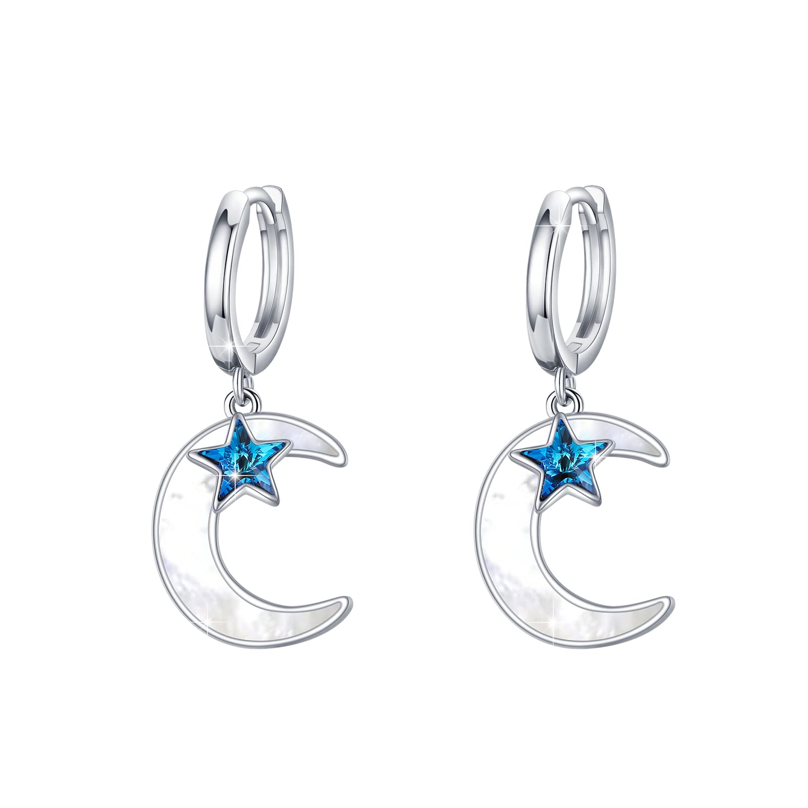 Elegant Sterling Silver Moon & Star Earrings for Women - Mother of Pearl Hoop Dangle Earrings with Blue Star Accents | Perfect Jewelry Gift for Mom, Birthday & Mother's Day | Ideal for Date Nights, Office Wear & Special Occasions