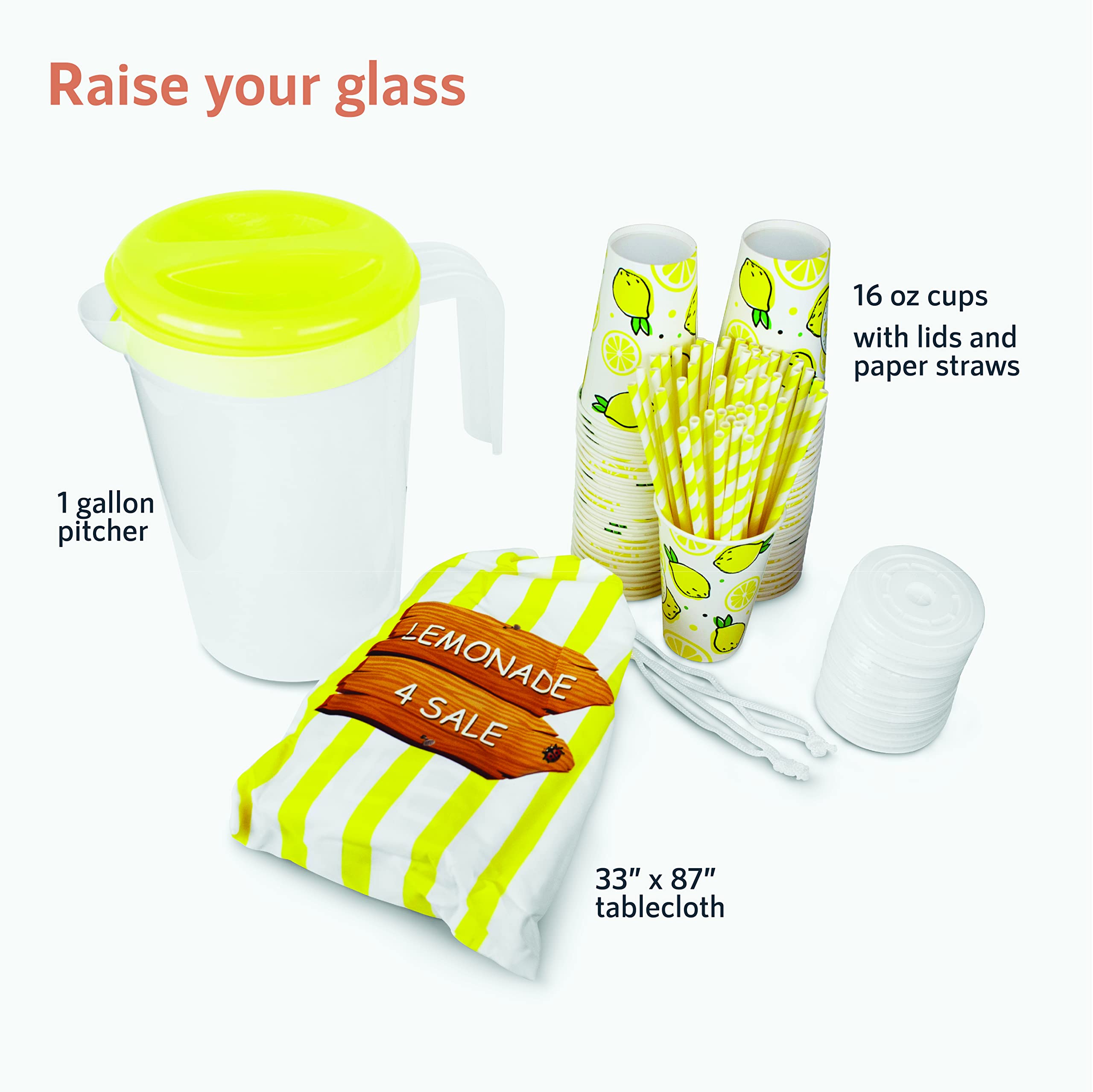 Premium Lemonade Stand Kit for Kids - Includes Table Cover, 50 Cups with Lids & Straws, Pitcher - Yellow | Perfect for Summer Parties, Backyard Events & Small Business Fundraisers