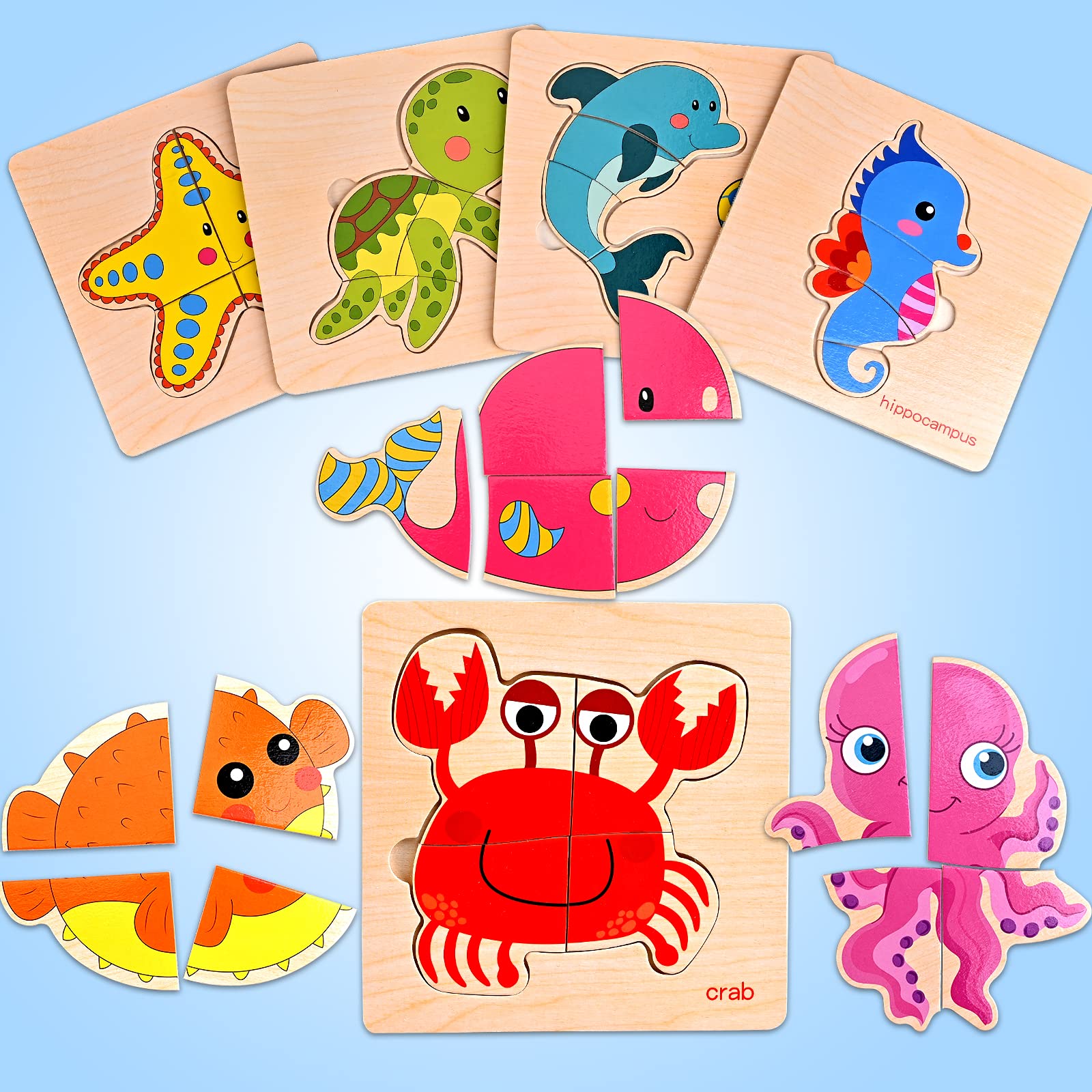 8-Piece Wooden Toddler Puzzles for Ages 1-3 | Montessori Educational Toys for Boys & Girls | Ocean Animal Jigsaw Learning Games for Preschoolers 2-4 Years Old | Perfect for Early Childhood Development & Playtime Activities