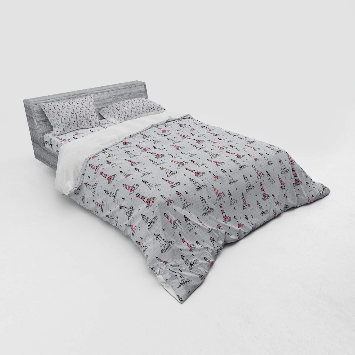 Ambesonne Lighthouse Bedding Set - Nautical Themed Duvet Cover with Seagulls & Anchors Doodle Design, 4-Piece Queen Size Set (Duvet Cover, Shams, Fitted Sheet) in Pink Lilac Black - Perfect for Coastal, Beach House or Nautical Decor Bedrooms