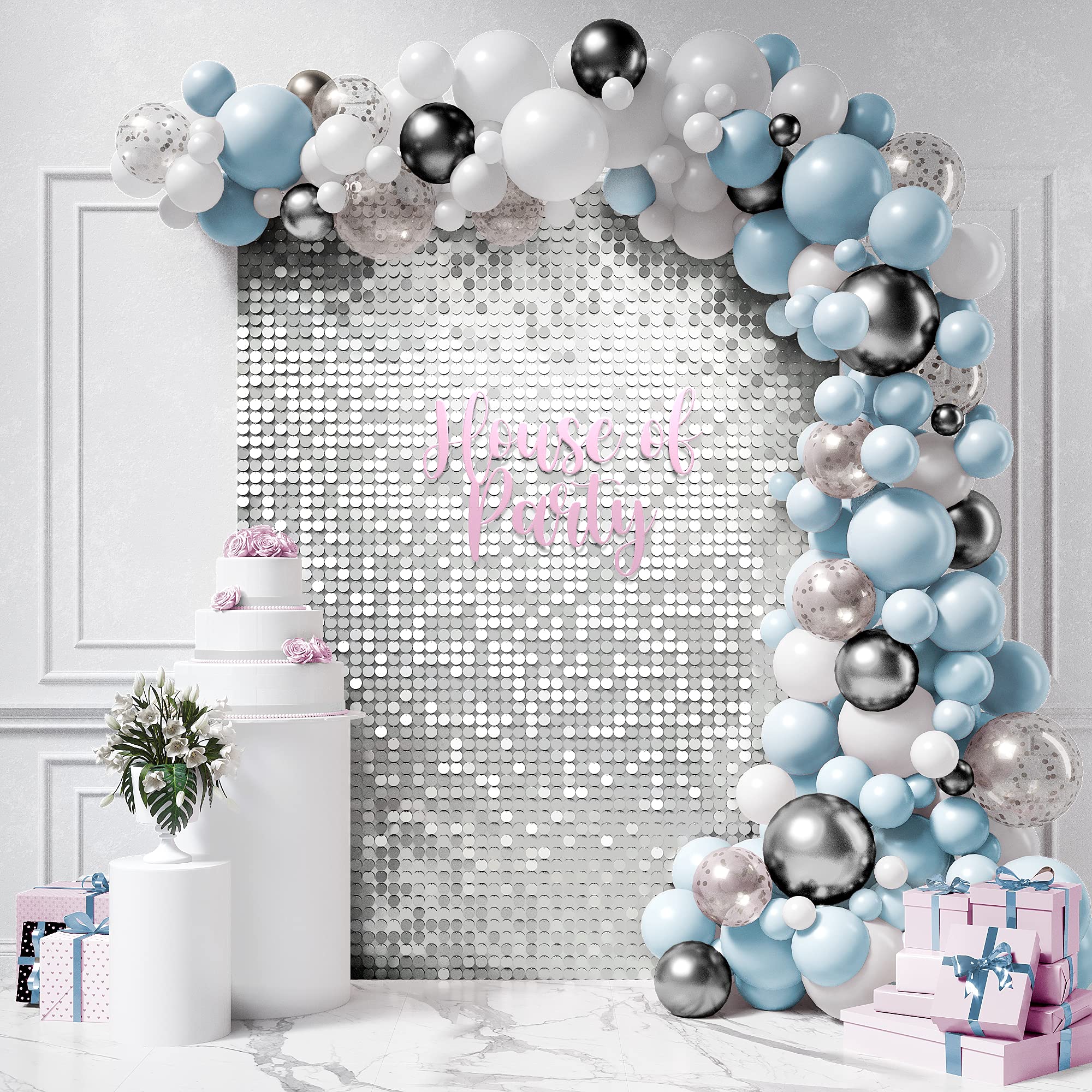 HOUSE OF PARTY Silver Sequin Wall Backdrop - 24 Panels Round Shimmer Backdrop for Birthday Party Decorations | Graduation, Wedding & Bachelorette Party Supplies | Perfect for Photo Booths, Stage Backgrounds & Event Decor
