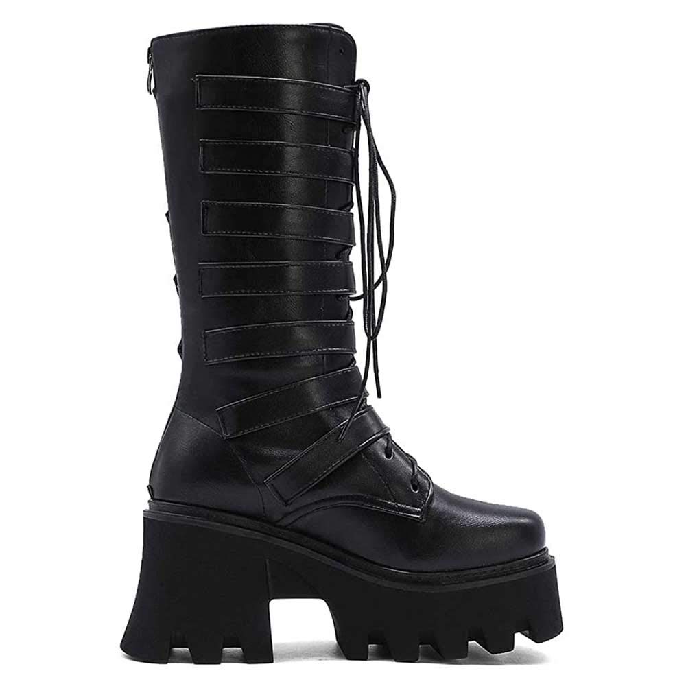 Women's Studded Mid Calf Combat Boots - Thick Platform Round Toe Punk Gothic Boots with Buckle & Rivet Details - Perfect for Halloween, Concerts & Edgy Street Style