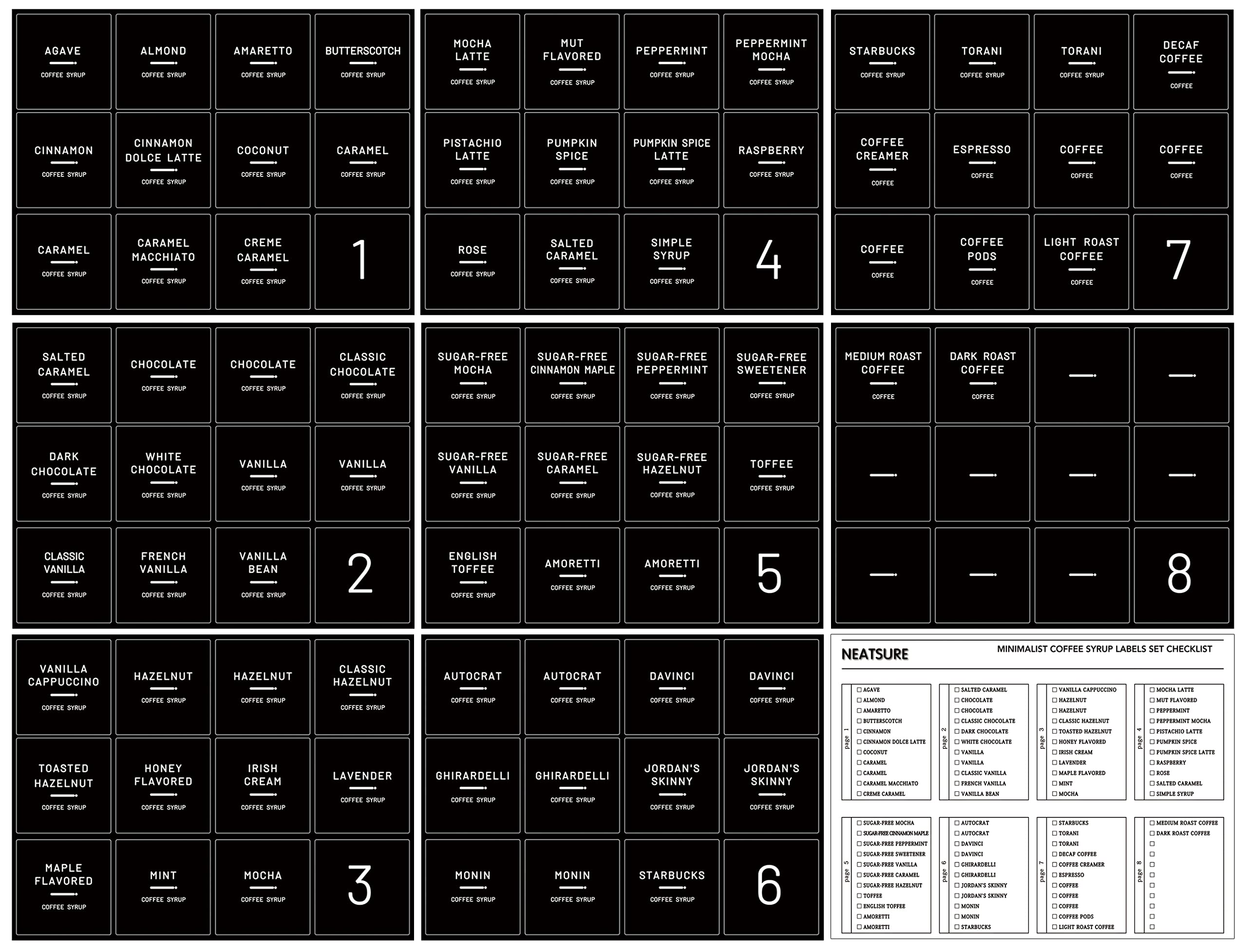 89 Preprinted Coffee Syrup Labels - Minimalist Stickers for Coffee Bar Accessories, Bottles & Dispensers | Perfect for Coffee Station Organization & Home Café Setup