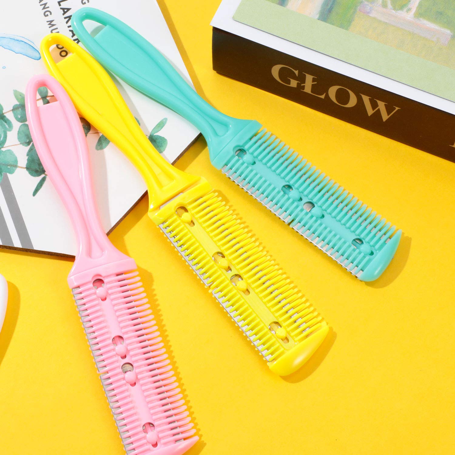 3-Piece Hair Cutting Tool Set - Professional Razor Comb with 10 Blades, Thinning Scissors & Double Edge Razor for Men & Women (Yellow, Green, Pink) | Perfect for Home Haircuts, Salon Styling & DIY Hairstyling