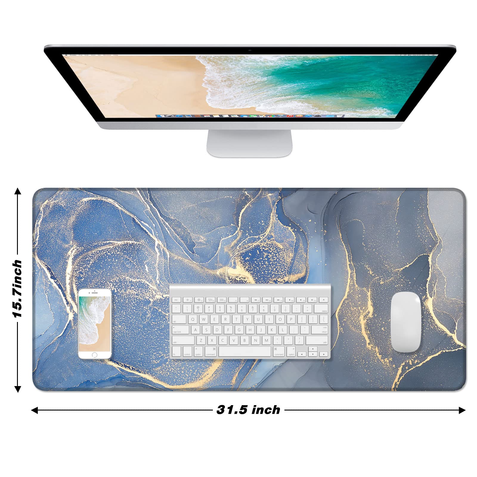 XXL Gaming Mouse Pad 31.5x15.7in - Waterproof Desk Mat with Non-Slip Base for Office & PC Gaming - Dark Blue Marble