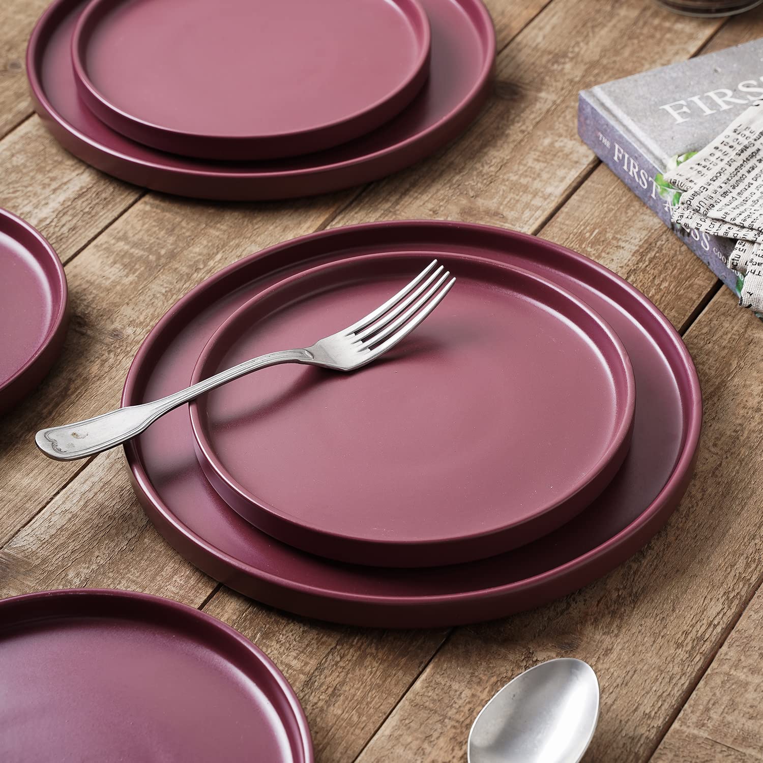Celina Modern Stoneware 24-Piece Dinnerware Set - 8-Person Purple Dinner Plates, Salad Plates & Soup Bowls | Elegant Stone Lain Dish Set for Everyday Dining & Entertaining