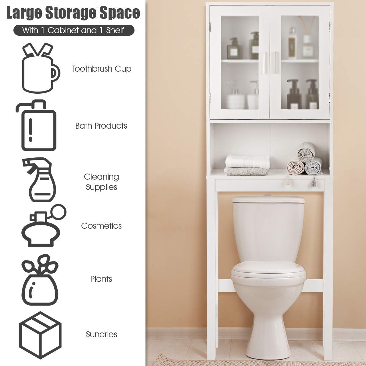 Wooden Over The Toilet Storage Cabinet - Double Door Bathroom Organizer with Adjustable Shelf, Freestanding Space Saver for Bath Essentials - Perfect for Small Bathrooms, Apartments & Powder Rooms