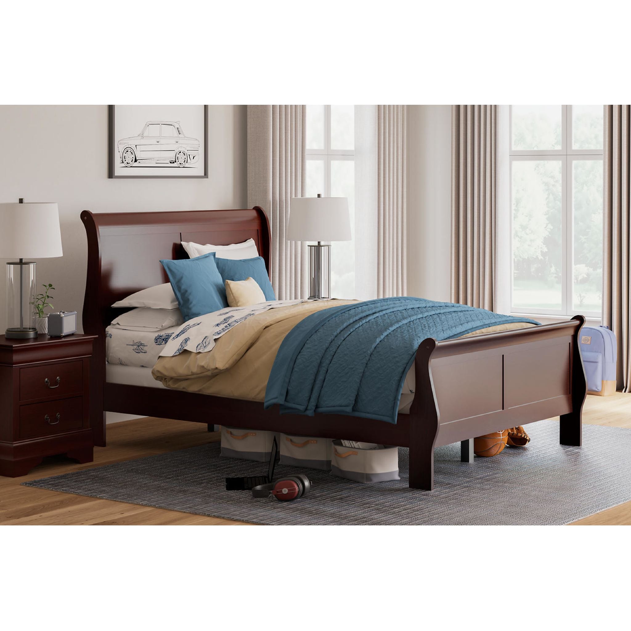 Alisdair Dark Brown Sleigh Bed Frame - Queen Size Wooden Bed with Upholstered Headboard - Perfect for Master Bedroom & Guest Room Decor