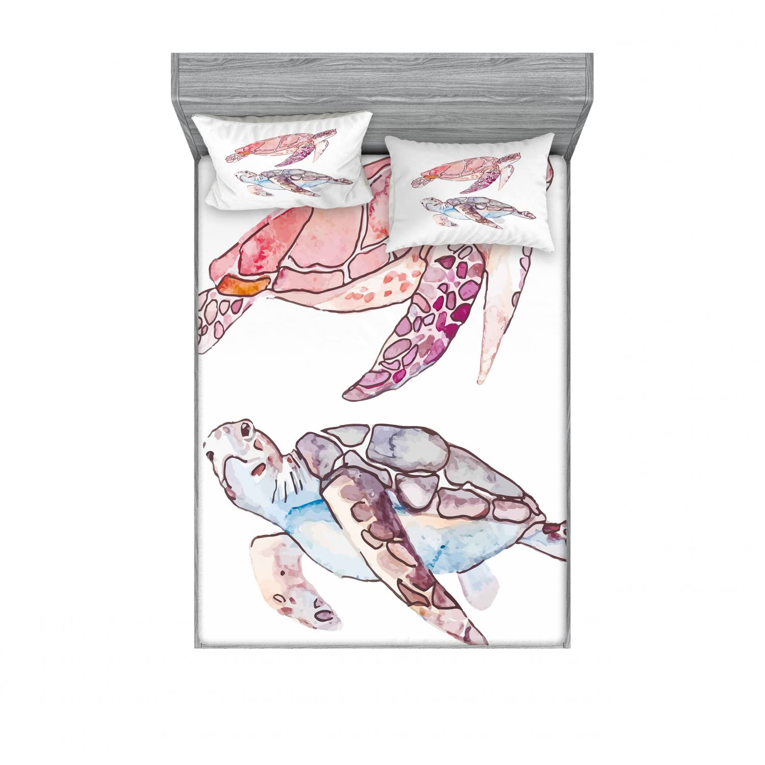 Ambesonne 2-Pack King Size Fitted Sheet Set with 4 Pillow Shams - Watercolor Turtle Design in Pink Fuchsia Purple - Soft Bedding Collection for Master Bedroom, Guest Room & Vacation Homes