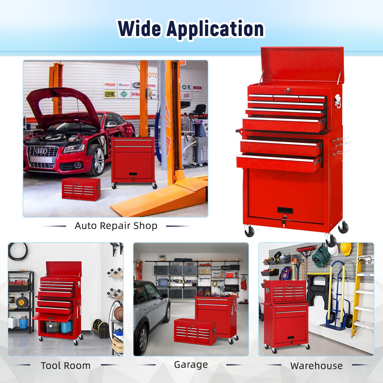 8-Drawer Rolling Tool Chest with Wheels - Heavy Duty Metal Tool Box Organizer with Lock for Garage, Workshop & Warehouse - Perfect for Auto Repair, Home Improvement & Professional Tool Storage (Red)