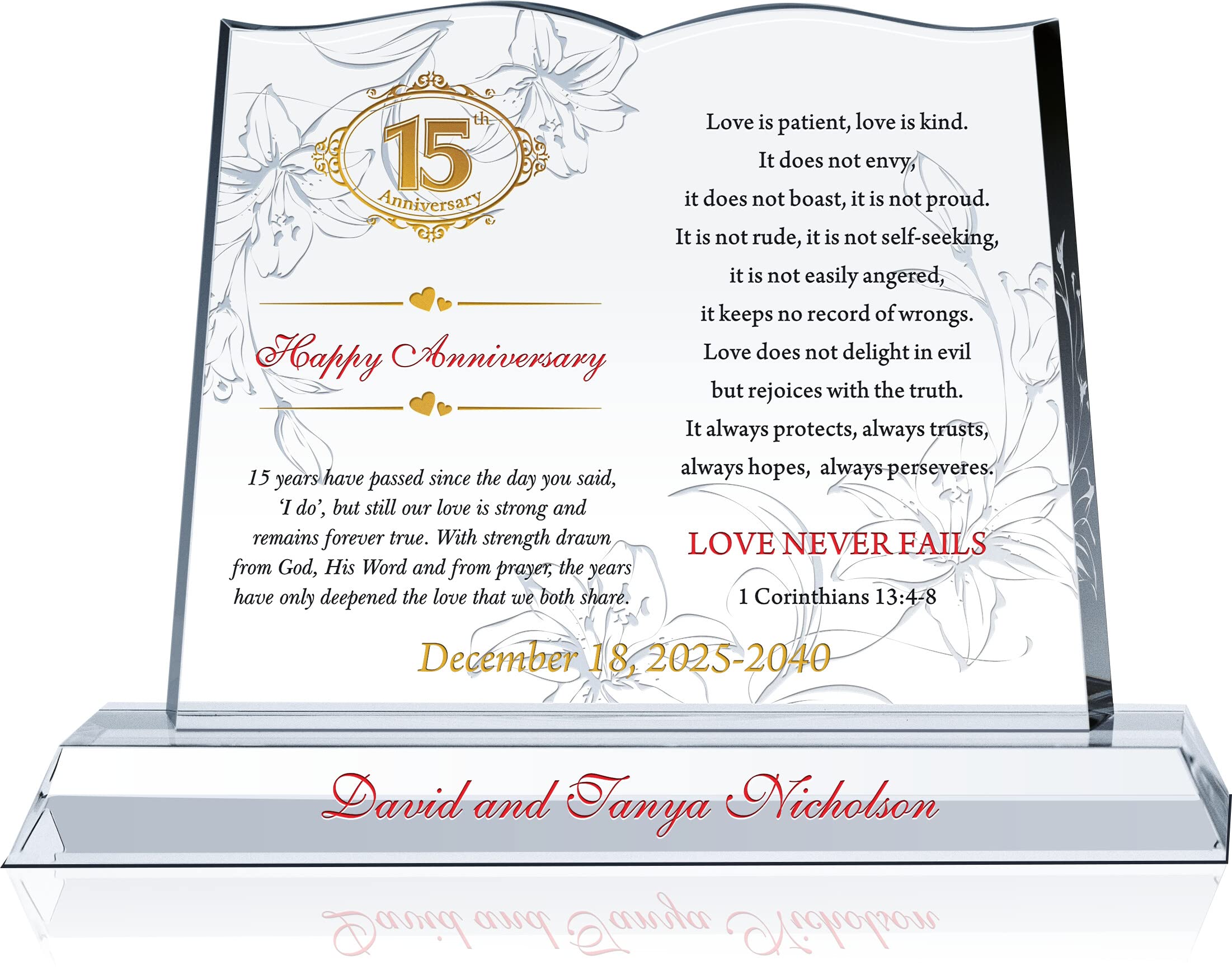 Personalized Bible Crystal Gift for 15th Wedding Anniversary - Custom Engraved with 1 Corinthians & Couple Names - Religious Keepsake for Him or Her (10 Inch) - Perfect Christian Anniversary Present for Spouse, Baptism, or Church Celebration