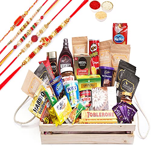 Jaiccha Ghasitaram Rakhi Gift Set for Brothers - Premium 40-Piece Wooden Basket Hamper with 5 Traditional Rakhis | Perfect Raksha Bandhan Gift for Brother, Bhaidooj & Sibling Celebrations