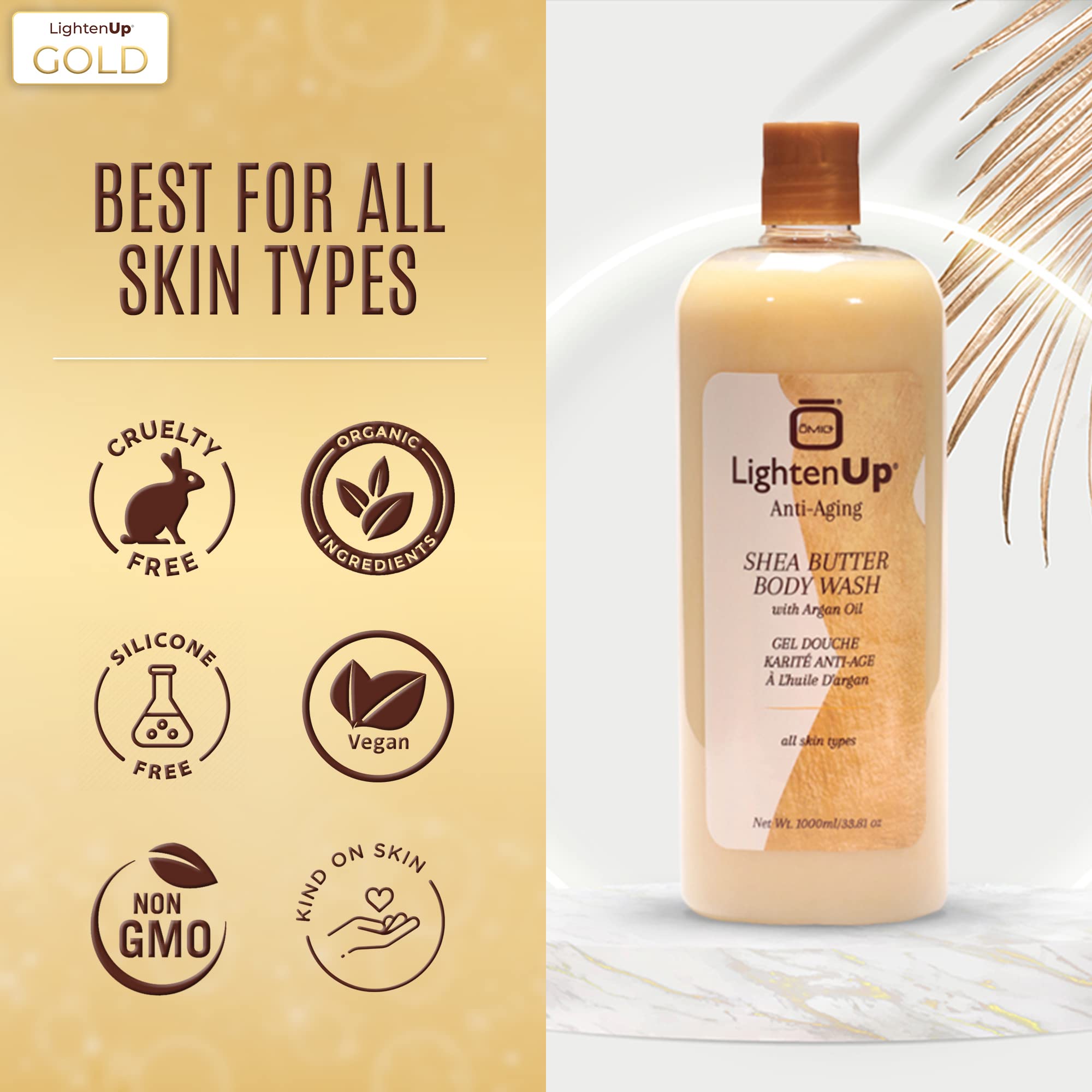 Omic LightenUp Anti-Aging Body Wash 33.8 fl oz (1000ml) - Skin Brightening & Softening Shower Gel with Argan Oil & Shea Butter - Hydrating & Nourishing for Dry, Dull Skin - Perfect for Daily Shower & Spa Relaxation