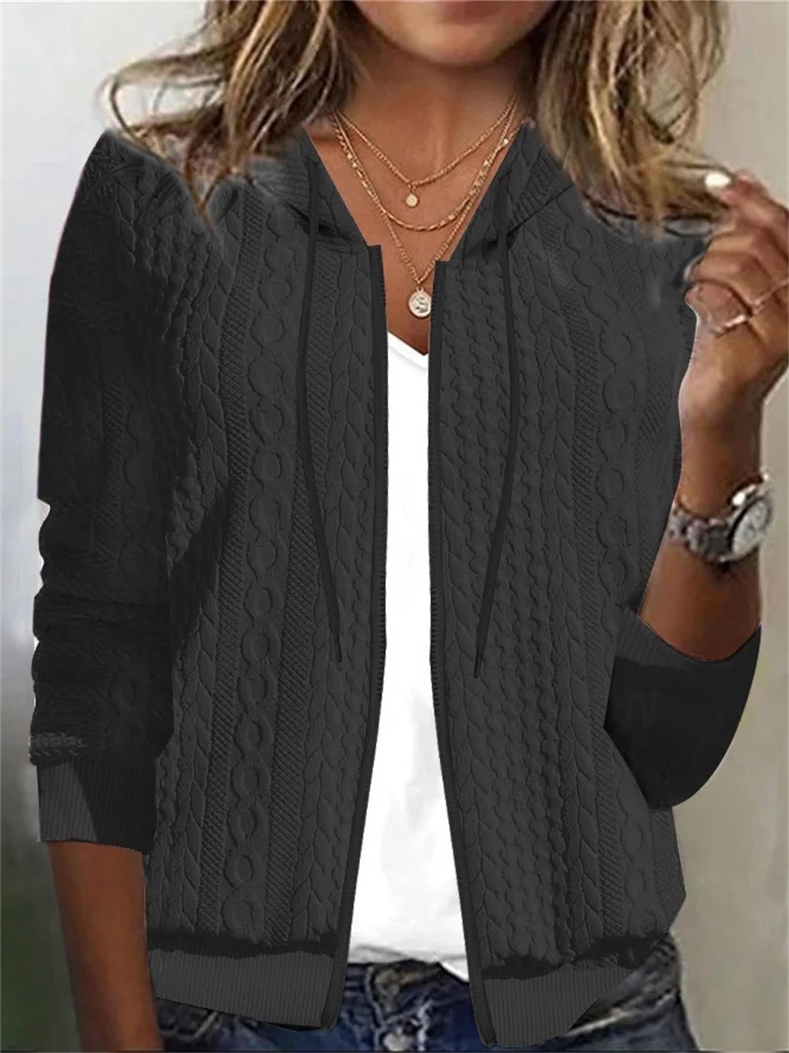 Women's Casual Zip Up Hoodie - Soft Waffle Knit Long Sleeve Sweatshirt with Drawstring | Fashion Jacket for Fall Outfits 2024 | Perfect for Daily Wear, Lounge & Outdoor Activities
