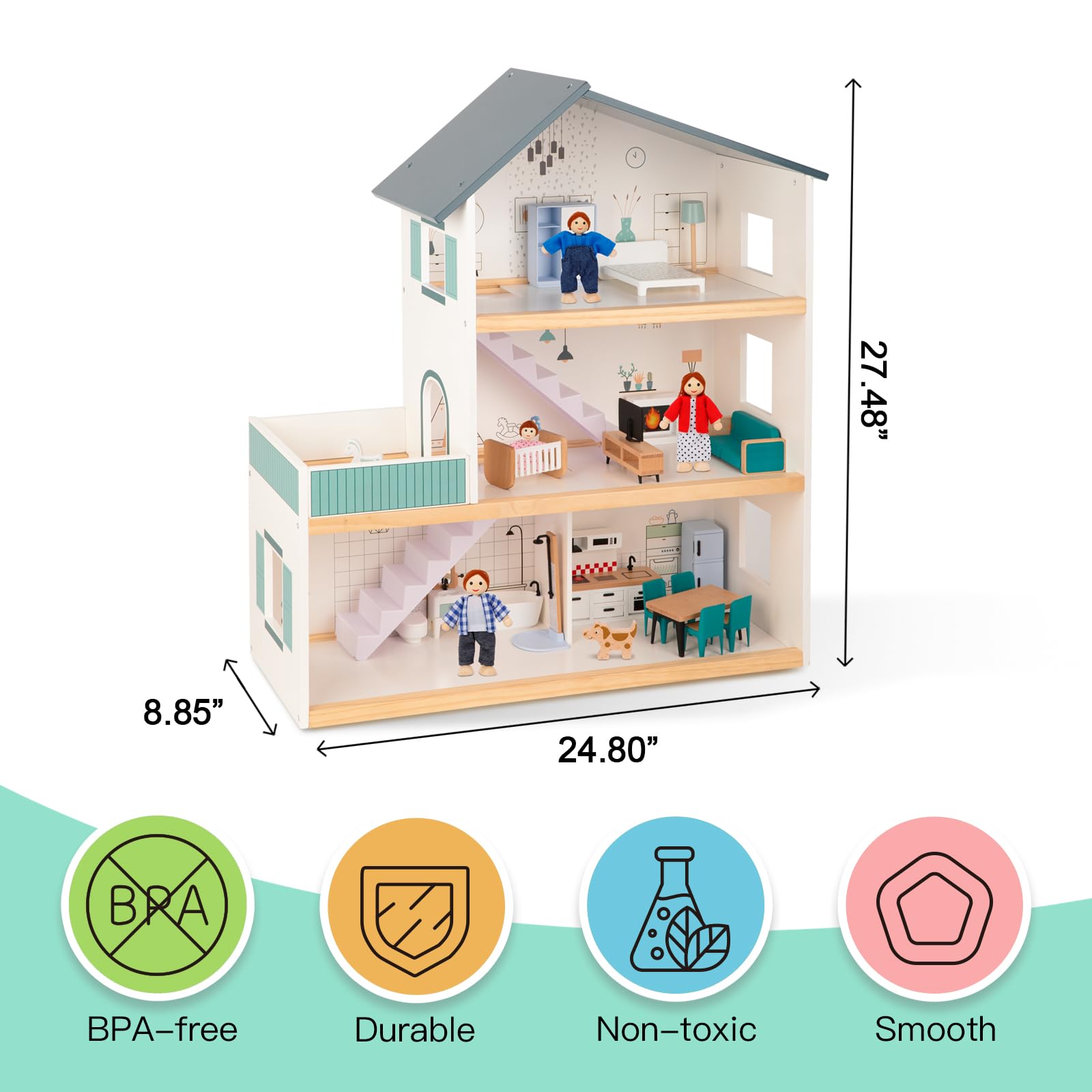 Wooden Dollhouse for Kids with Luxury Furniture Set - Includes 4 Family Dolls & Pet Dog - Perfect for Girls & Toddlers Pretend Play, Birthday Gifts & Home Decor