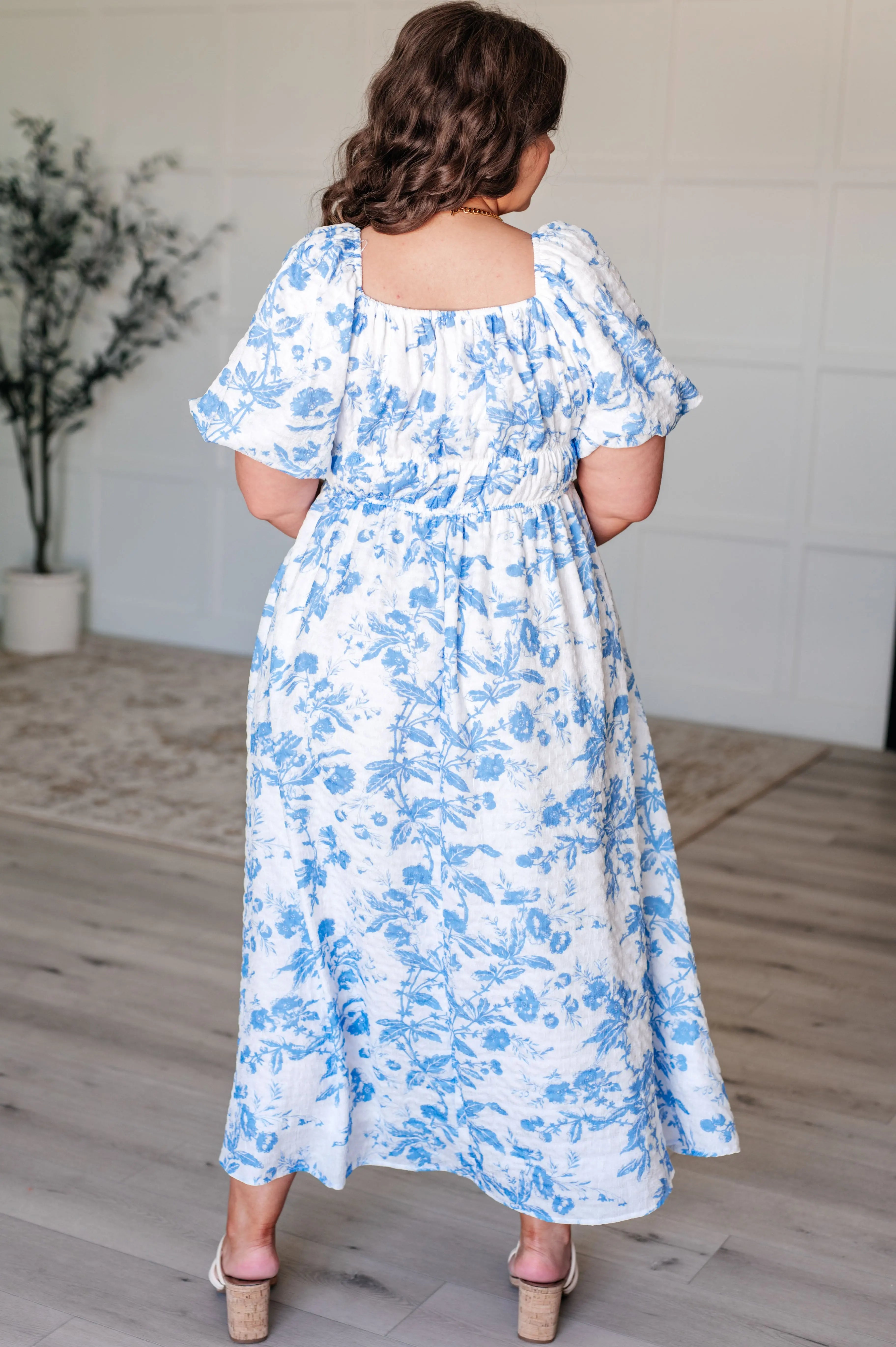 Blue Floral Square Neck Dress for Women - Elegant Summer Midi Dress for Casual Outings, Beach Vacations & Date Nights