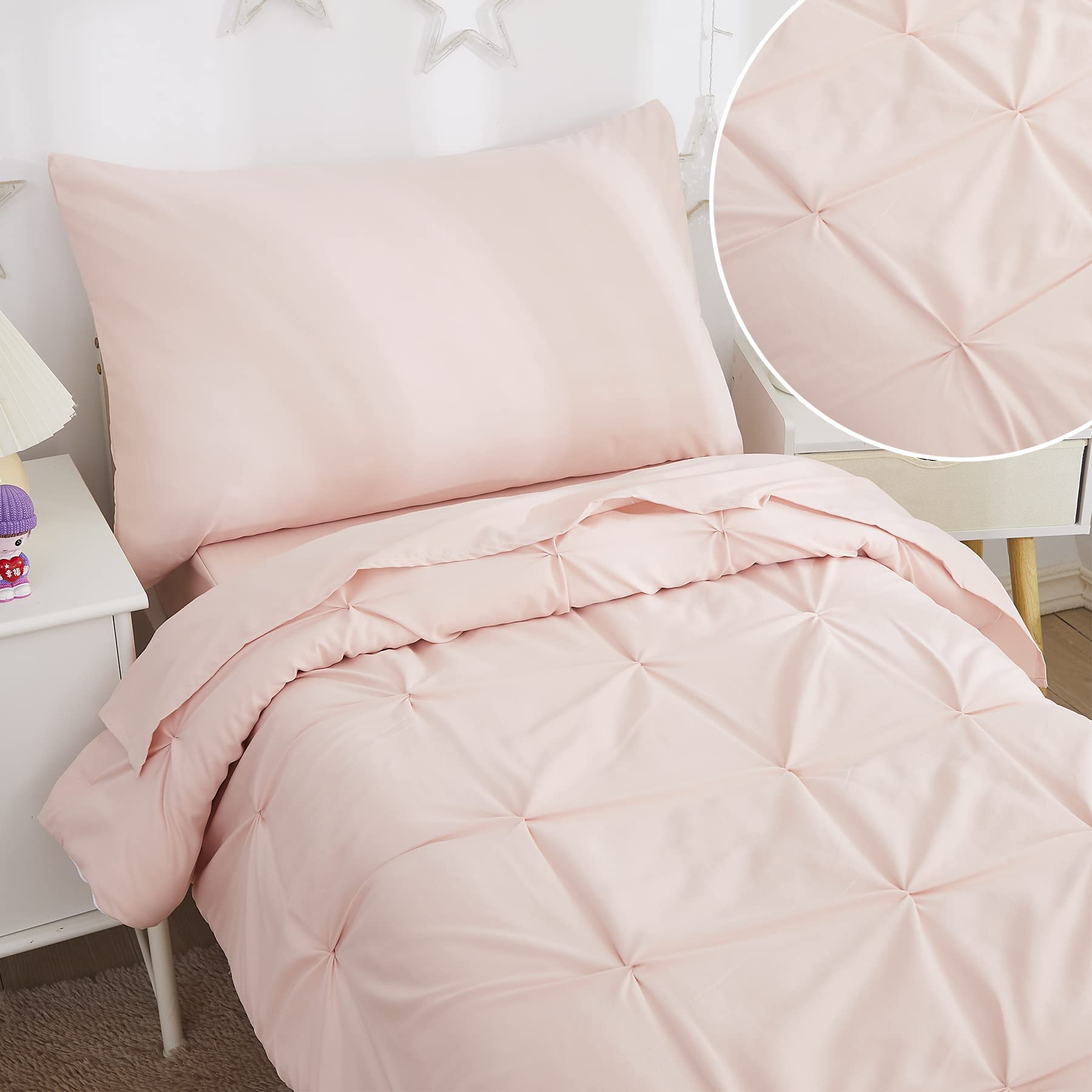 Brandream Pink Pintuck 4-Piece Toddler Bedding Set for Girls - Soft Comforter, Fitted Sheet, Flat Sheet & Pillowcase - Princess-Themed Luxury Kids Bedding | Perfect for Nursery, Daycare & Sleepovers