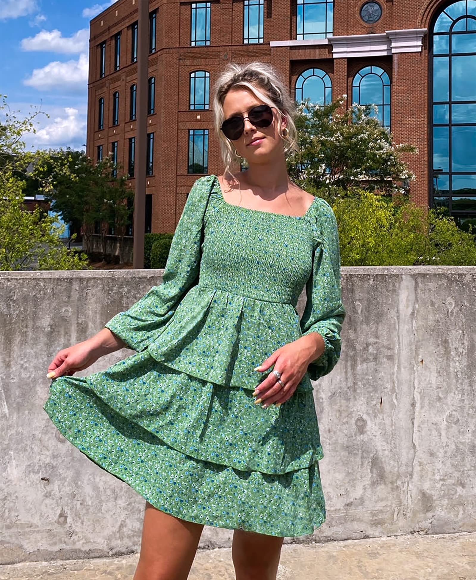 BTFBM Women's Floral Swiss Dot Smocked Mini Dress - Square Neck Long Sleeve Boho Wedding Guest Dress for Spring & Summer 2025 | Perfect for Garden Parties, Bridal Showers & Date Nights