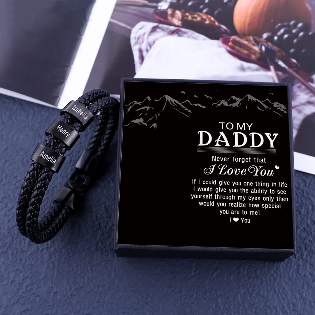 Custom Engraved Men's Leather Bracelet - Personalized Black Braided Cuff with 1-8 Name Beads | Unique ID Bracelet for Men | Perfect Gift for Father's Day, Anniversary & Everyday Wear