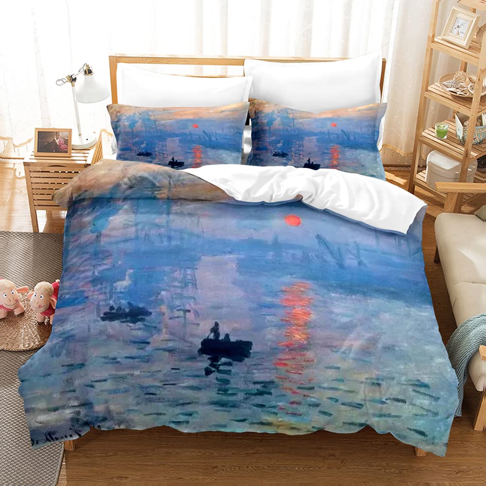 Starbluegarden Monet's Impression of Sunrise Duvet Cover Set - Full Size Bedding with Pillowcases (No Comforter Included) | French Impressionist Art Decor for Master Bedroom & Guest Room