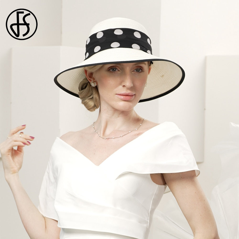 2024 Women's White Straw Fedora Hat with Polka Dots - Elegant Sun Visor for Summer, Weddings, Church & Formal Events - Breathable Wide Brim Beach Hat for Outdoor Activities