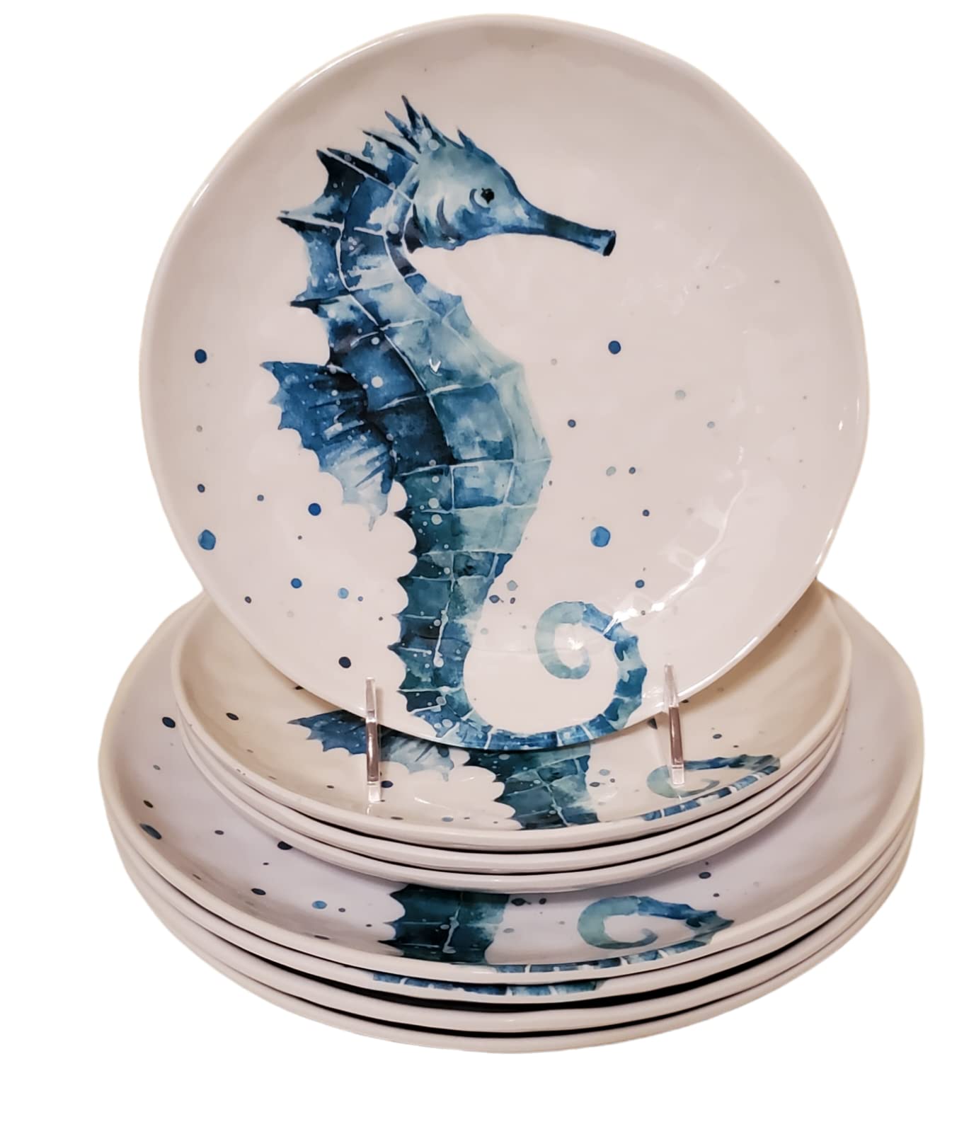 Sigrid Olsen 8-Piece Melamine Dinnerware Set - 4 Dinner Plates & 4 Salad Plates with Seahorse Design | Durable & Lightweight for Outdoor Dining, Picnics, and Beach Parties