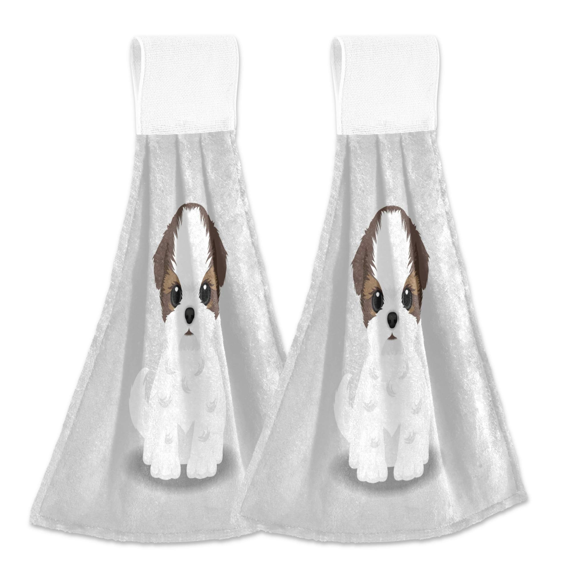 ASLSIY Shih Tzu Puppy Dog Hanging Kitchen Towels - Fast Drying Absorbent Dish Tea Towels for Bathroom, Kitchen & Gym - Cute Home Decor Set of 2 - Perfect for Cooking, Cleaning & Decorating