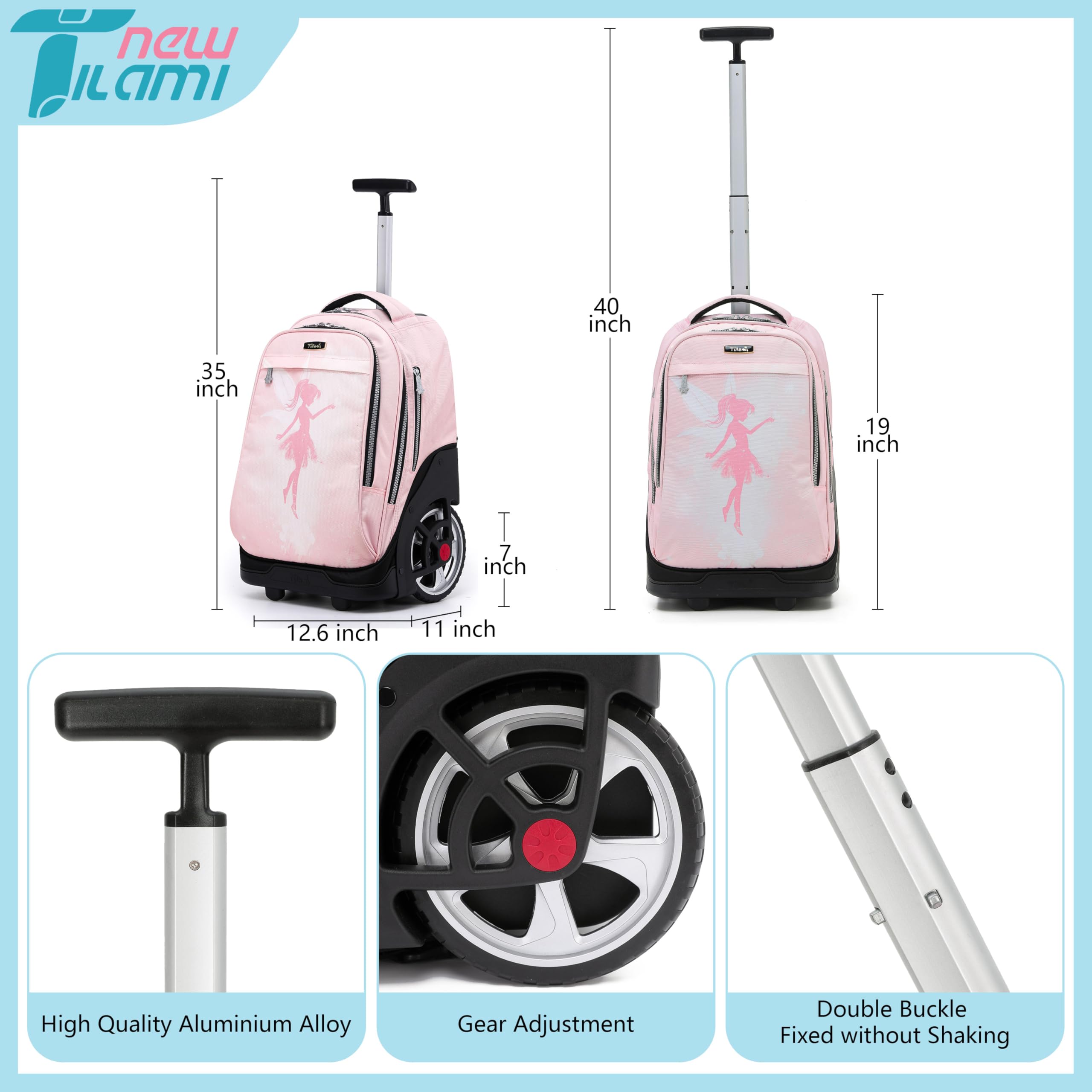 TILAMI 19 Inch Wheeled Backpack with Lunch Bag - Durable Rolling Laptop Backpack for School, Travel & Work - Stylish Carry-on Bag for Girls & Boys (Flower Fairy Design, No USB Port) - Perfect for Commuting, College Campuses & Family Vacations