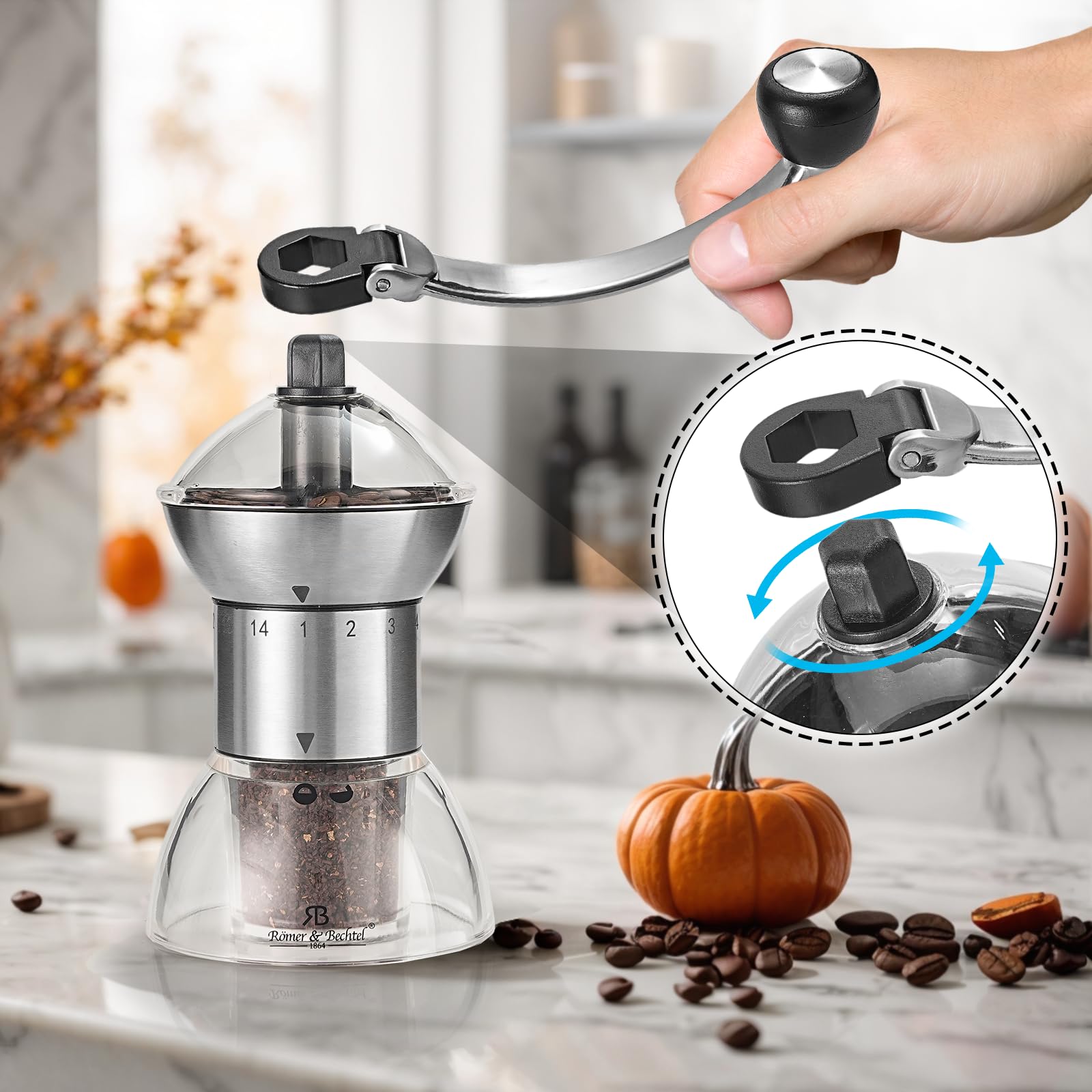 Premium Manual Coffee Grinder with 14 Adjustable Ceramic Burr Settings - Conical Burr Design, Detachable Handle & Transparent Storage Container - Perfect for Home, Office, Travel & Camping Fresh Brews