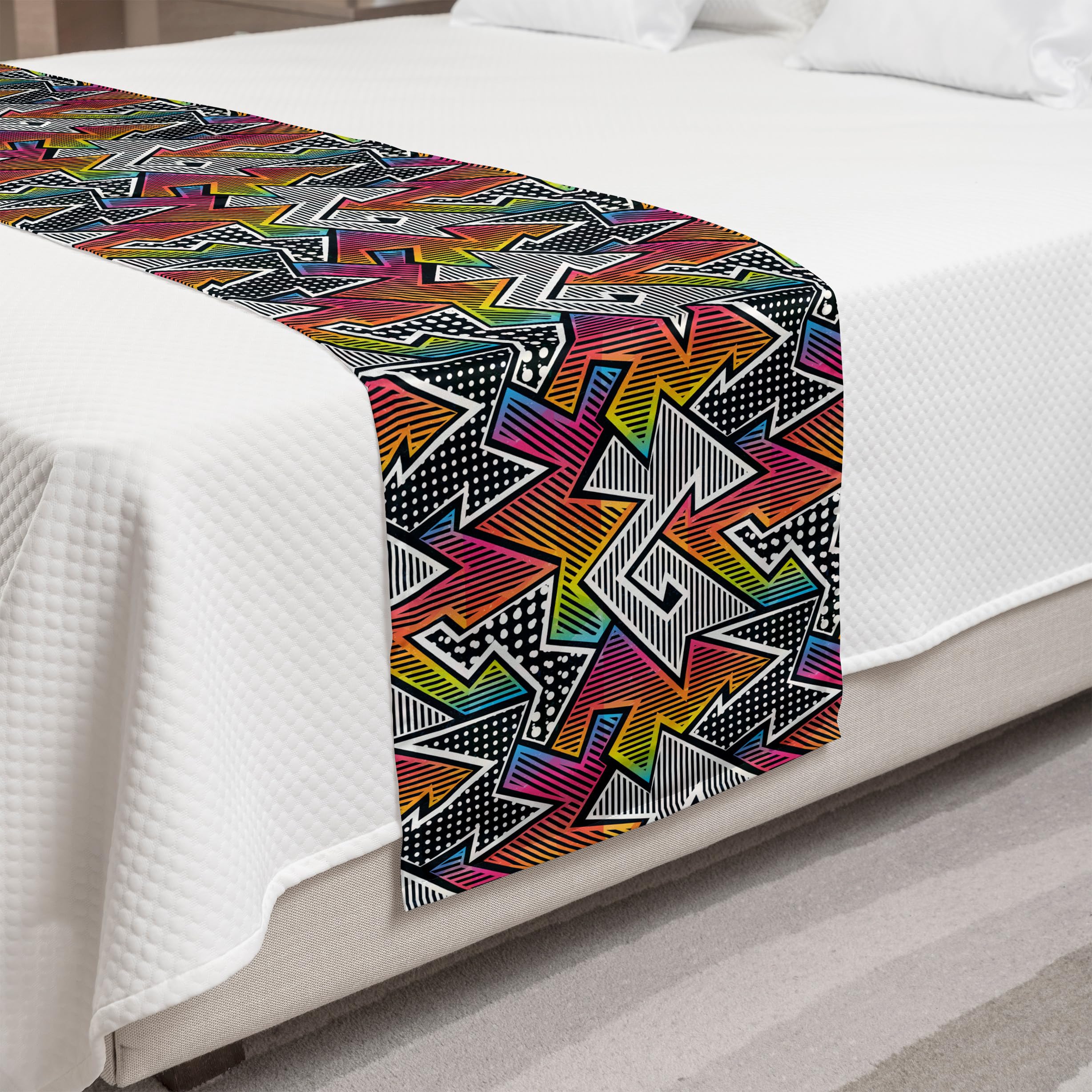 Ambesonne Retro Bed Runner - Colorful Pop Art Striped & Polka Dot Design - Decorative Bed Scarf for Hotels, Homes & Guest Rooms | Perfect for Bohemian & Vintage Style Bedrooms