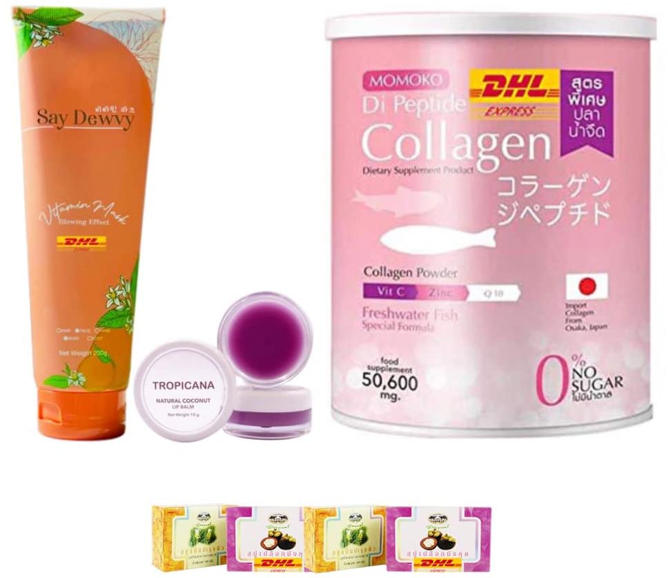 Premium Y-2727 Say Dewvy Vitamin Body Mask with Momoko Collagen & Di Peptide Powder (50,600mg) - Brightening & Hydrating Skin Treatment | DHL Express by Thaigiftshop | Free Tomato Facial Mask Included | Perfect for Spa Days, Skincare Routines & Self-Care Gifts