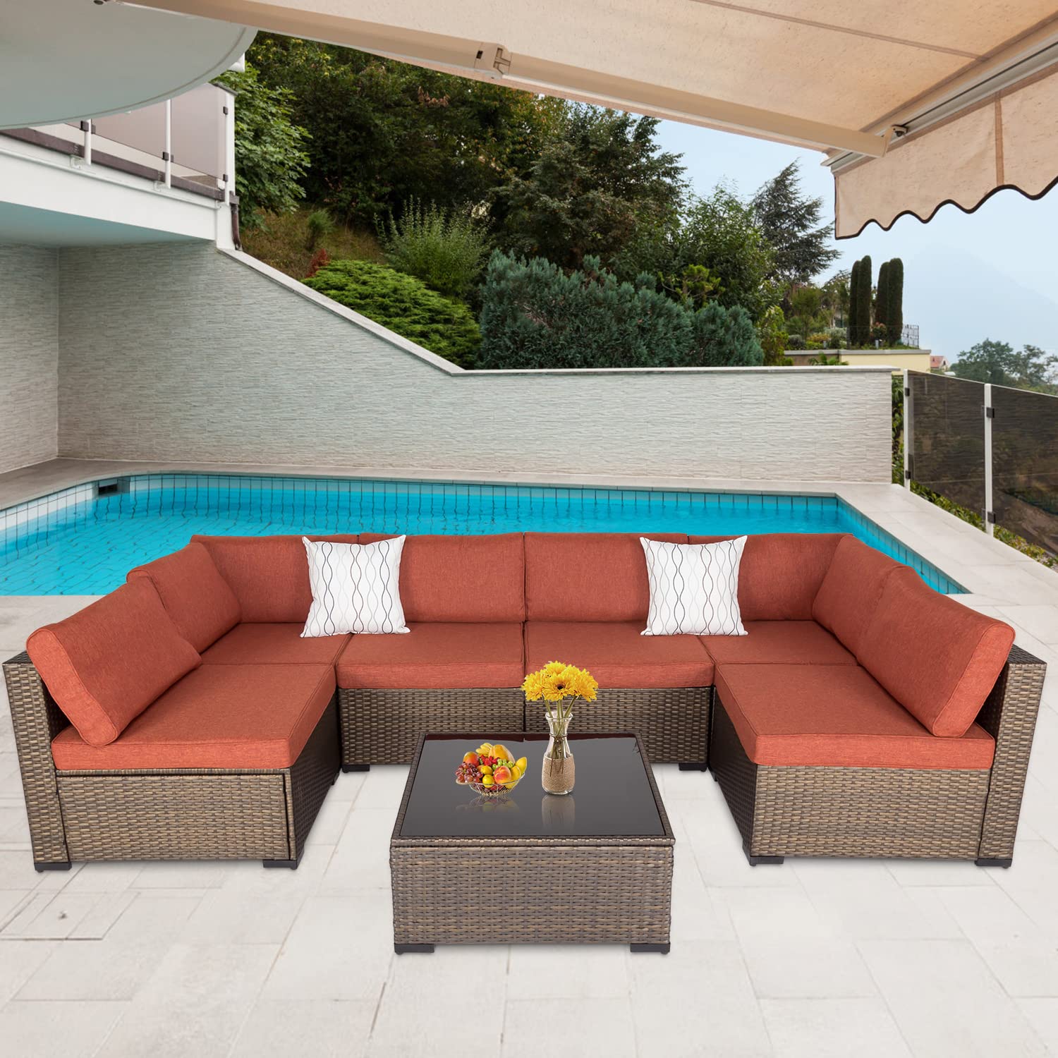 7-Piece Patio Furniture Set Outdoor Sectional Sofa Wicker Rattan Conversation Set with Cushions & Coffee Table - Durable Maple Red for Porch, Garden, Backyard | Perfect for Outdoor Entertaining, Lounging & Relaxation