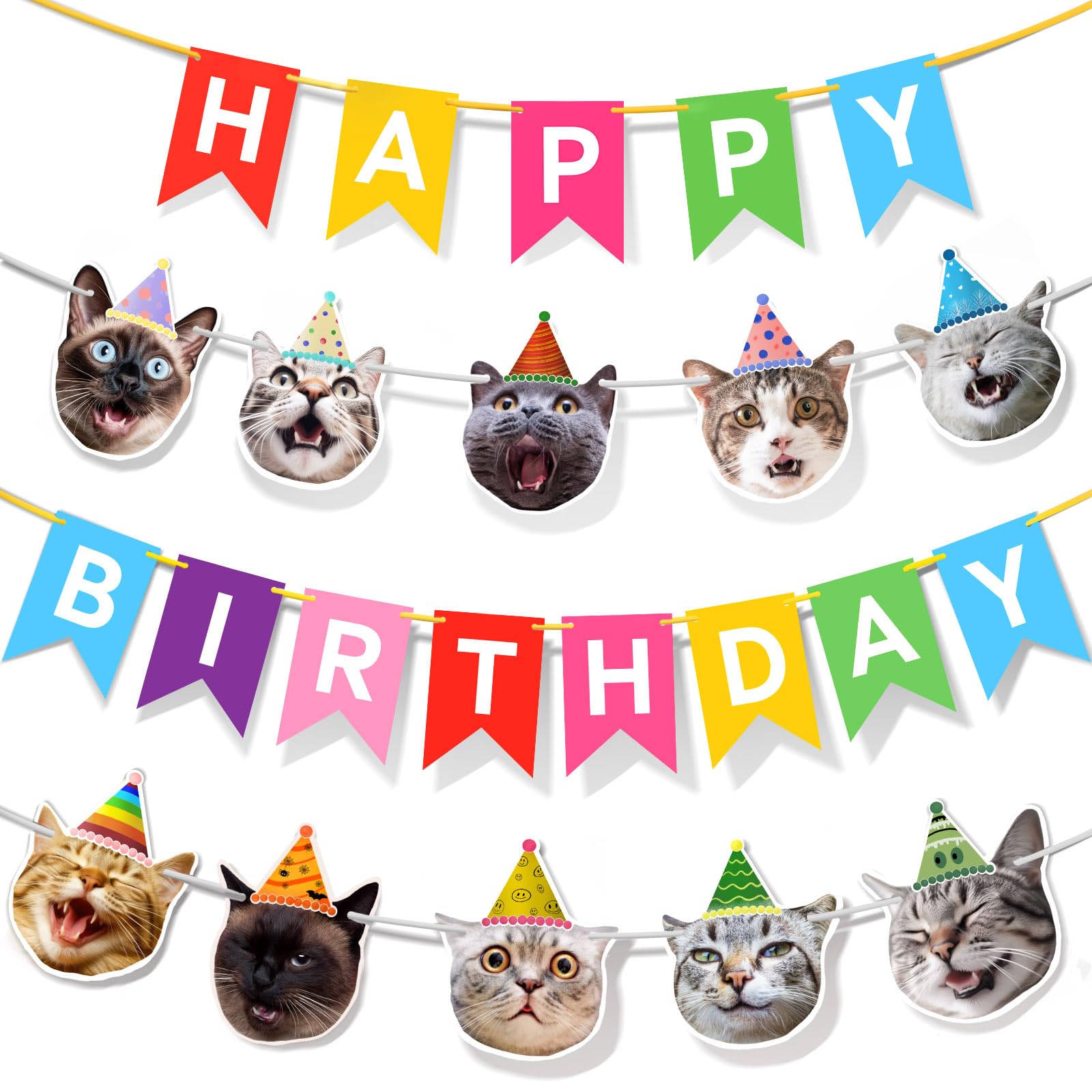 Happy Birthday Cat Banner - Rainbow Bunting Party Decor for Kitty Celebrations