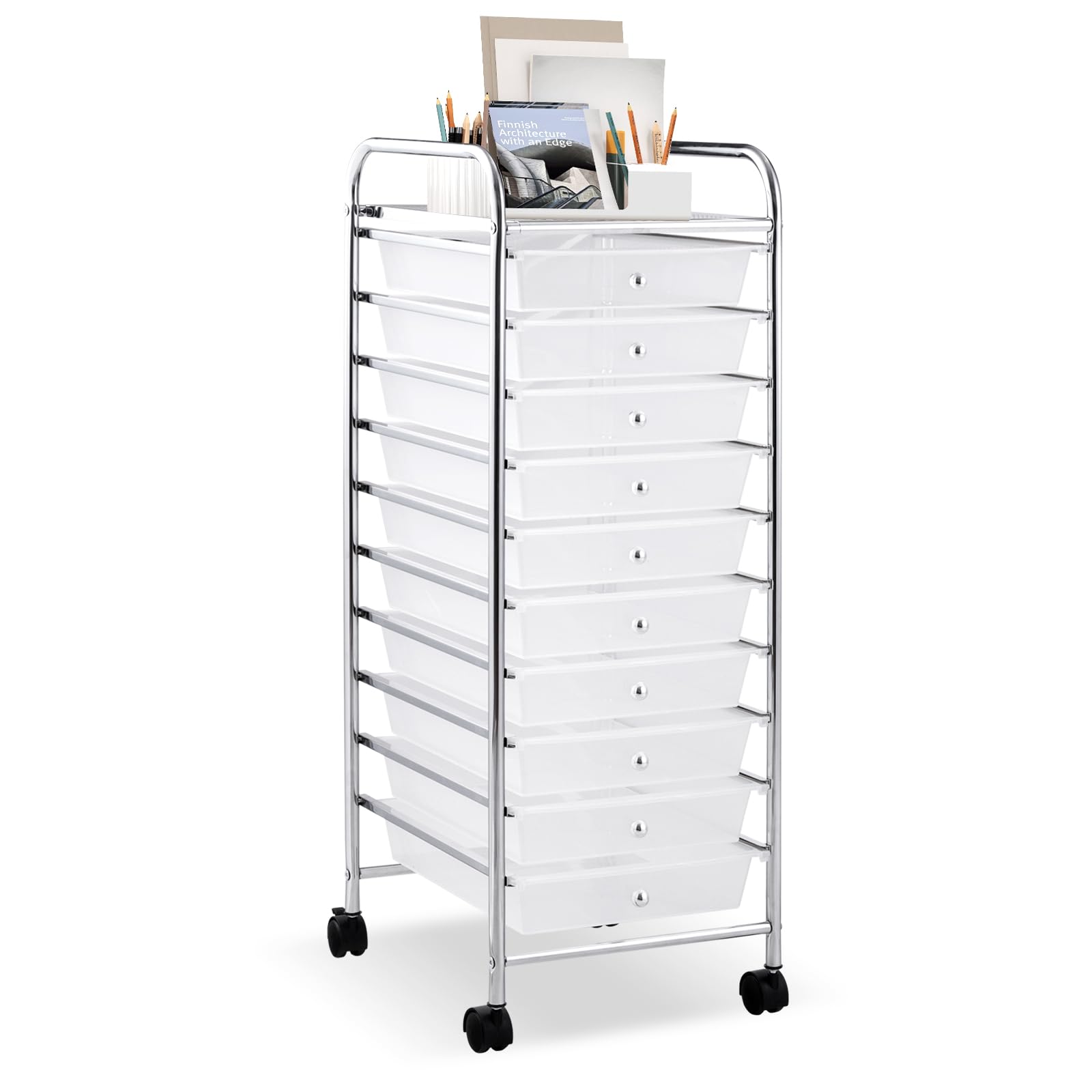 LDAILY 10-Drawer Rolling Storage Cart with Wheels - Metal Frame Craft Organizer with Large Capacity | Portable Mobile Drawer Cart for Classroom, Office, Living Room & Craft Room Organization (Clear) | Perfect for Art Supplies, Stationery, Makeup & Home Storage Solutions