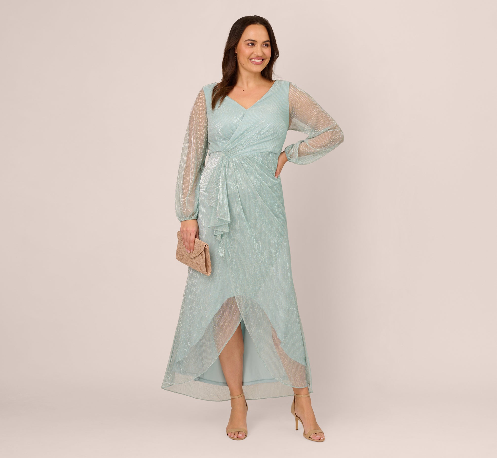 Plus Size Crinkle Metallic Gown with Sheer Bishop Sleeves & Draped Details in Mint Smoke - Elegant Formal Dress for Weddings, Prom, Evening Parties & Special Occasions