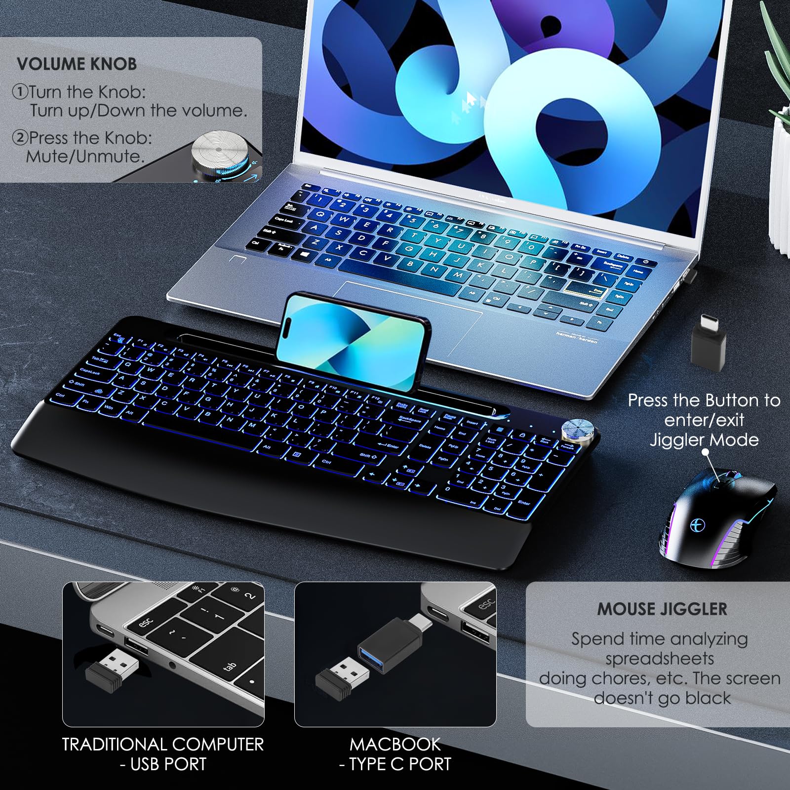 2.4G Wireless Keyboard and Mouse Combo - Rechargeable Ergonomic Wireless Keyboard with 7-Color Backlit, Phone Stand & Volume Control for Mac/Windows PC/Laptop - Perfect for Office, Gaming & Home Use