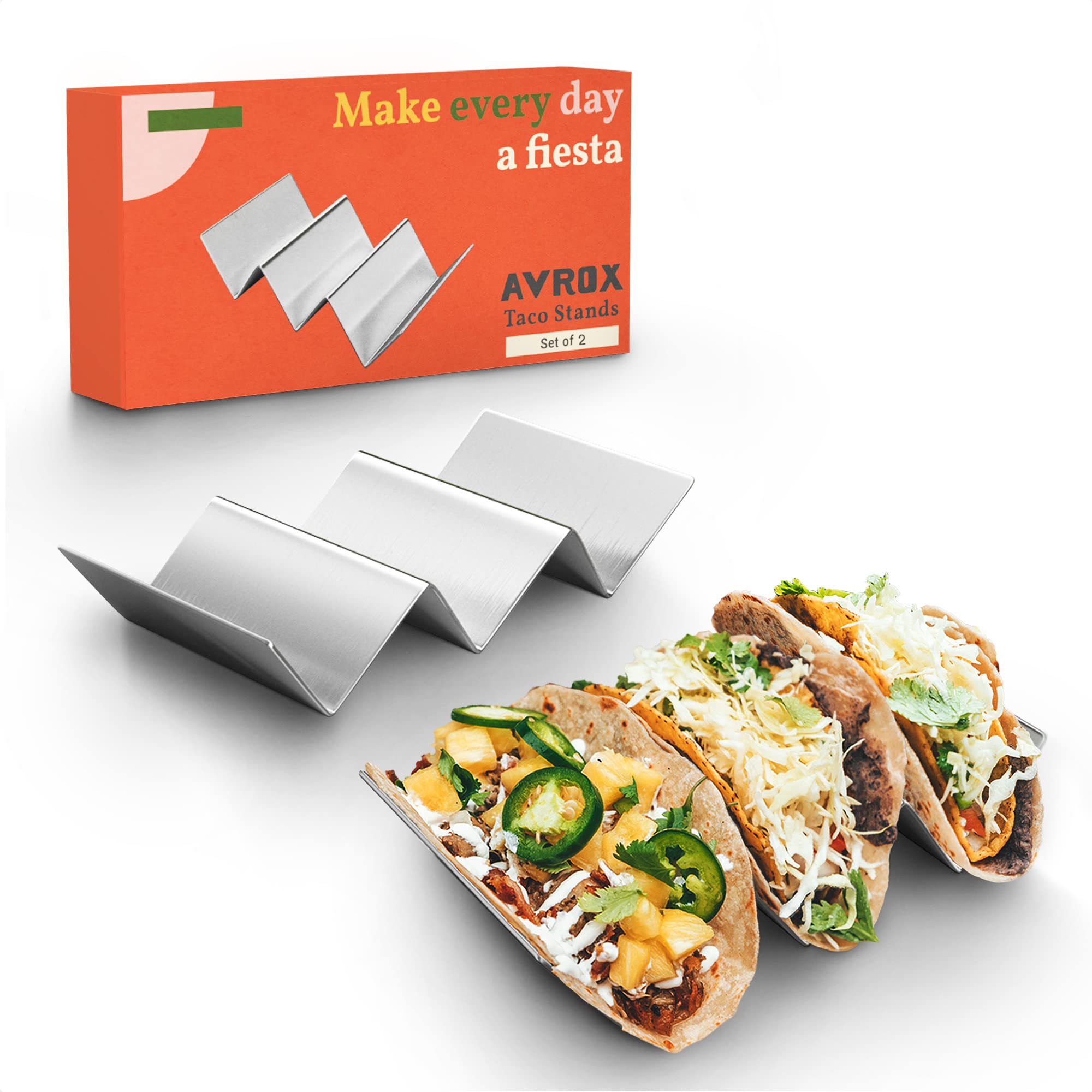 2 Pack Stainless Steel Taco Holder Stand - Truck Tray Style - Holds 3 Tacos Each - Oven, Grill & Dishwasher Safe - 8