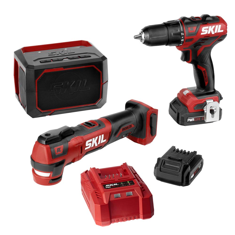 SKIL 3-Tool Combo Kit: Pwrcore 12 Brushless 12V Cordless Drill Driver, Oscillating Multi-Tool & Bluetooth Speaker with 2x 2.0Ah Batteries & Charger - Perfect for DIY Projects, Home Repairs & Jobsite Use - CB738801