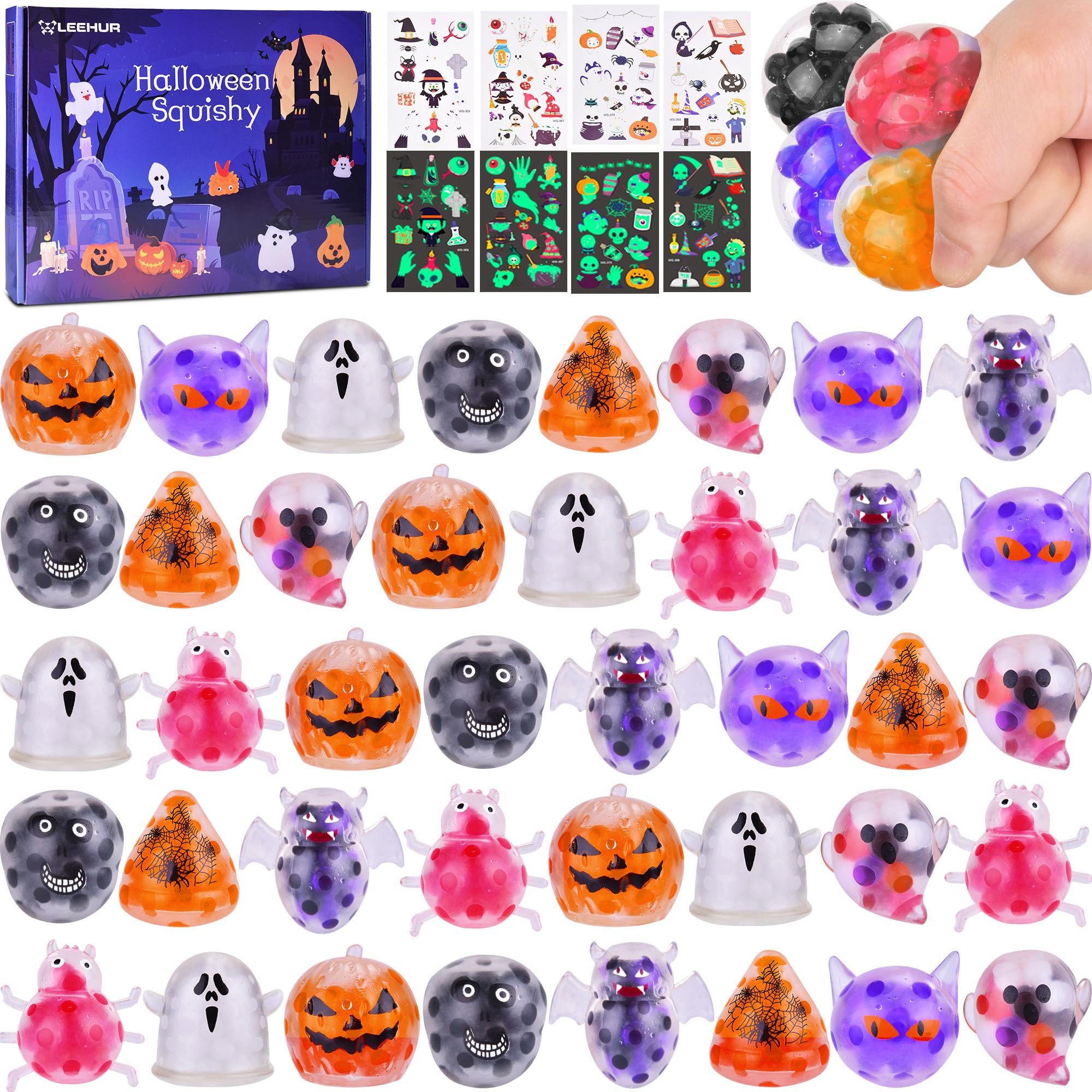 40Packs Halloween Mochi Squishy Toys - Cute Party Favors, Goodie Bag Fillers, Stress Relief Fidget Toys for Kids - Perfect for Halloween Treats, Classroom Prizes & Sensory Play